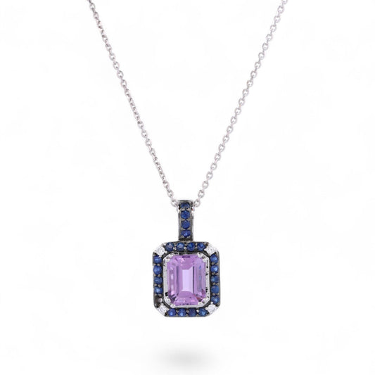 LeVian Amethyst & Sapphire Pendant in 14K White Gold – 16" Chain