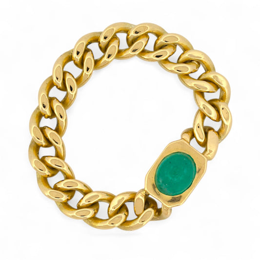 Vintage 18K Gold Curb Link Ring with Cabochon Emerald