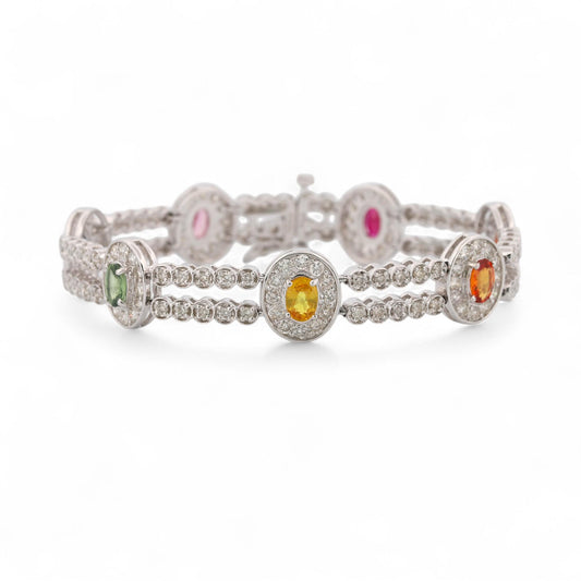 14K White Gold Multi-Color Sapphire & Diamond Pavé Link Bracelet 7.5 in
