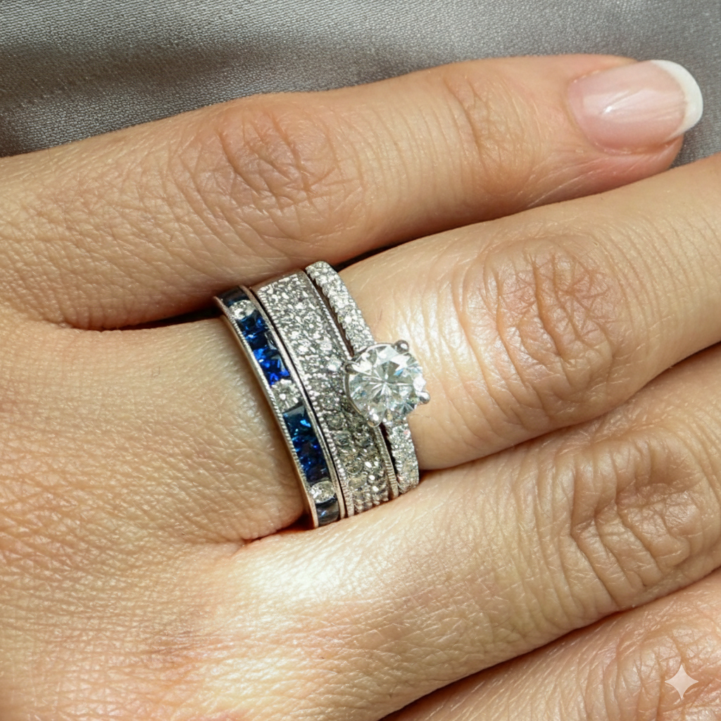 Close-up of a hand wearing two diamond rings with blue gemstones on a neutral background