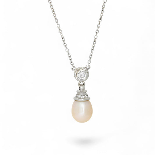 Natural Pearl & Diamond Drop Pendant Necklace in 14k White Gold