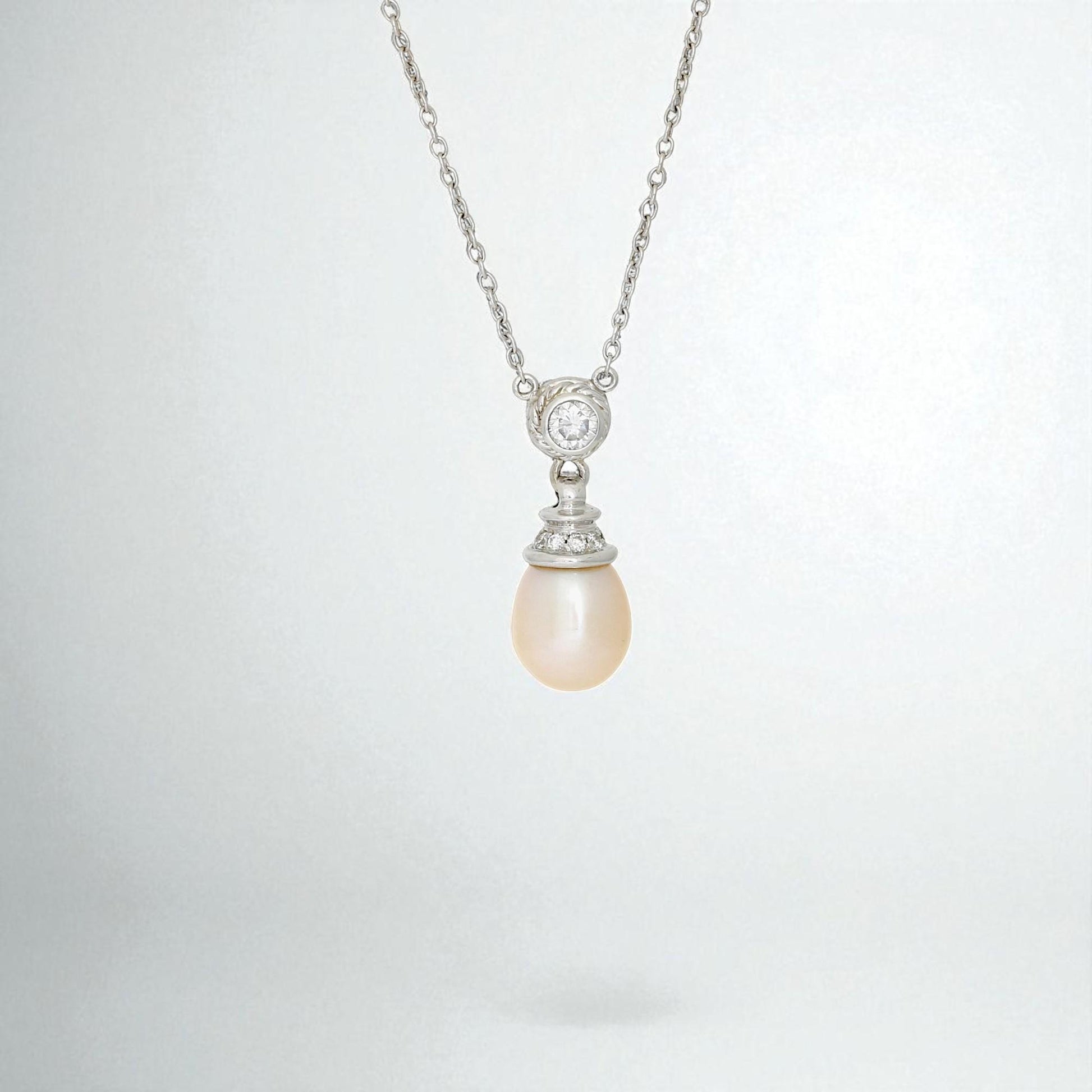Natural Pearl & Diamond Drop Pendant Necklace in 14k White Gold