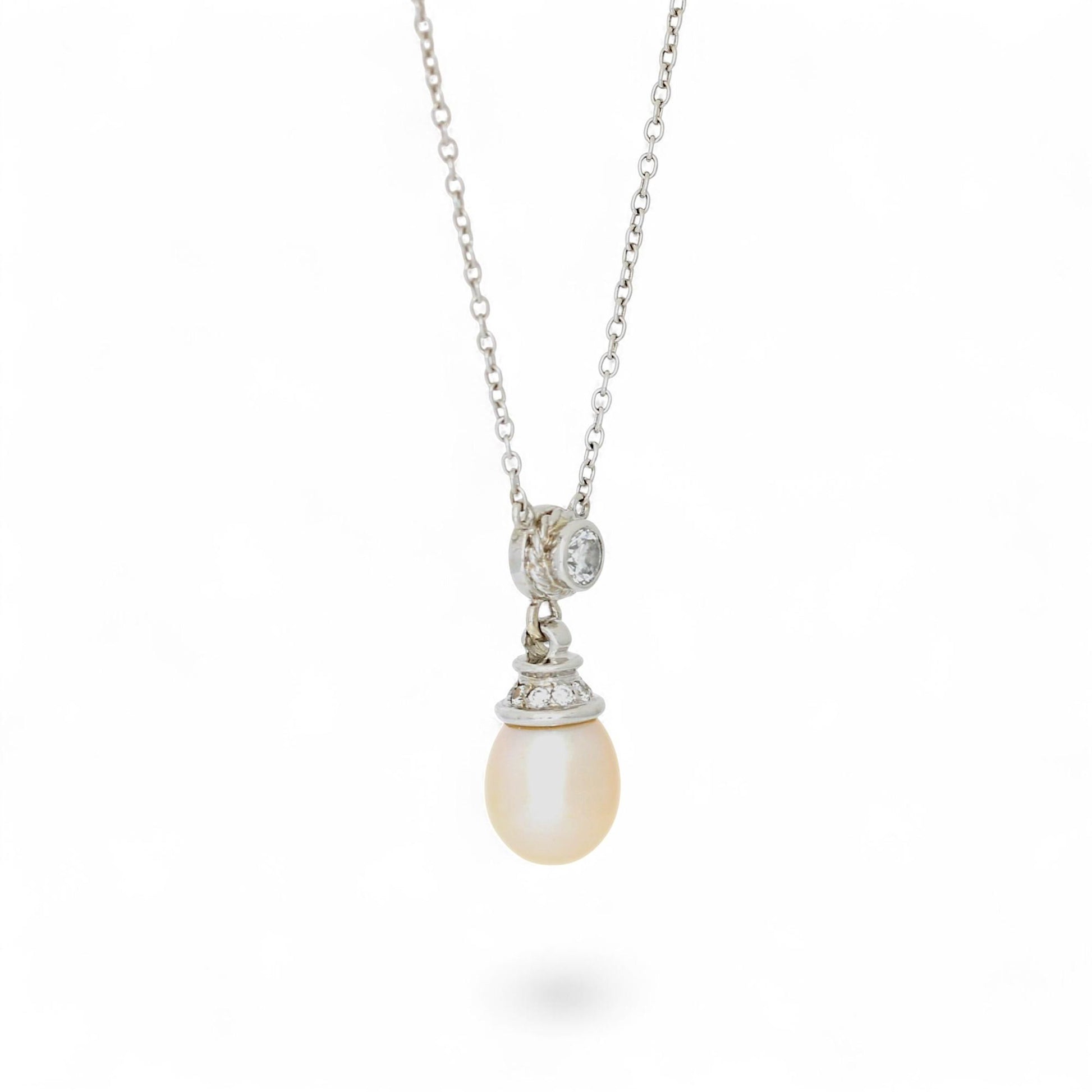 Natural Pearl & Diamond Drop Pendant Necklace in 14k White Gold
