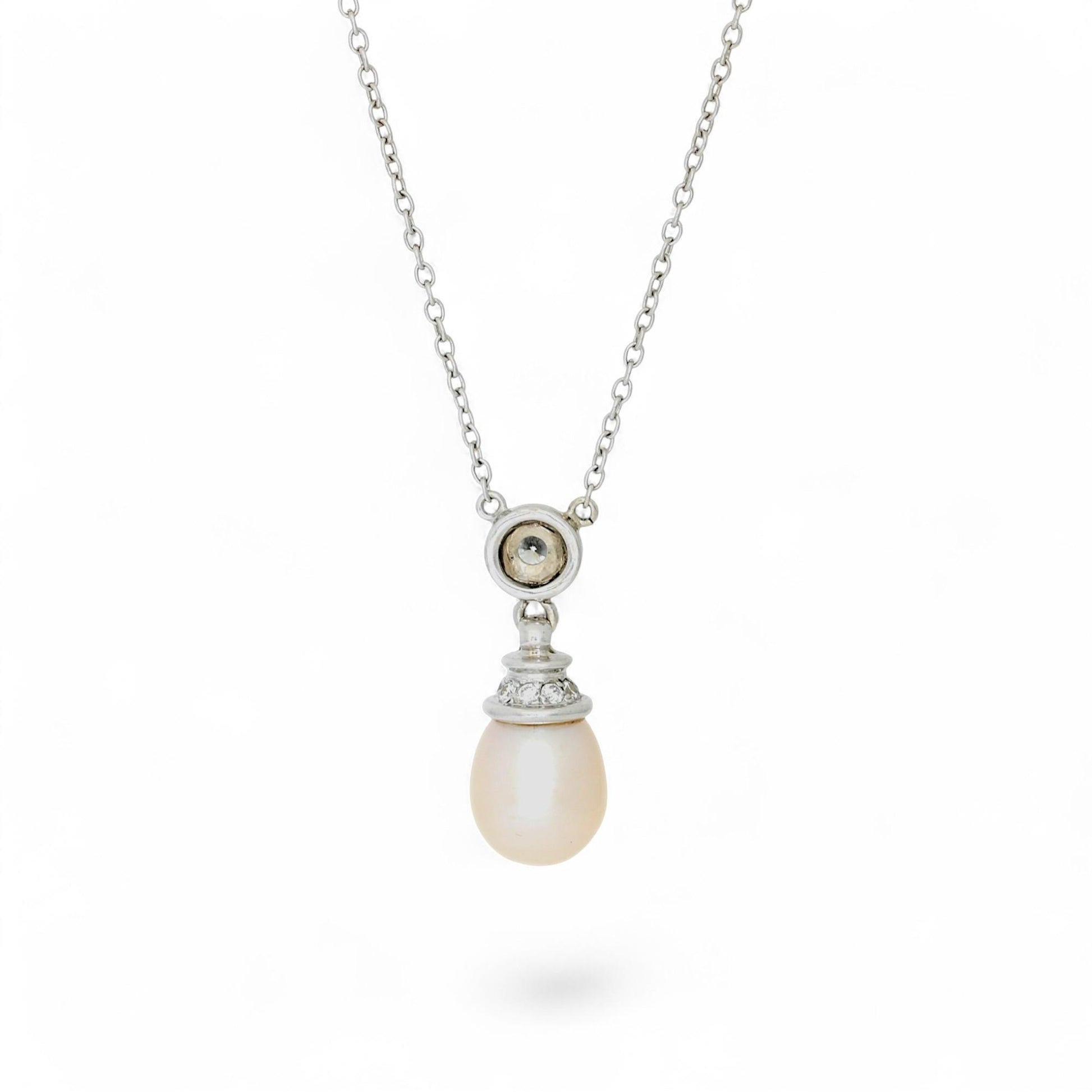 Natural Pearl & Diamond Drop Pendant Necklace in 14k White Gold