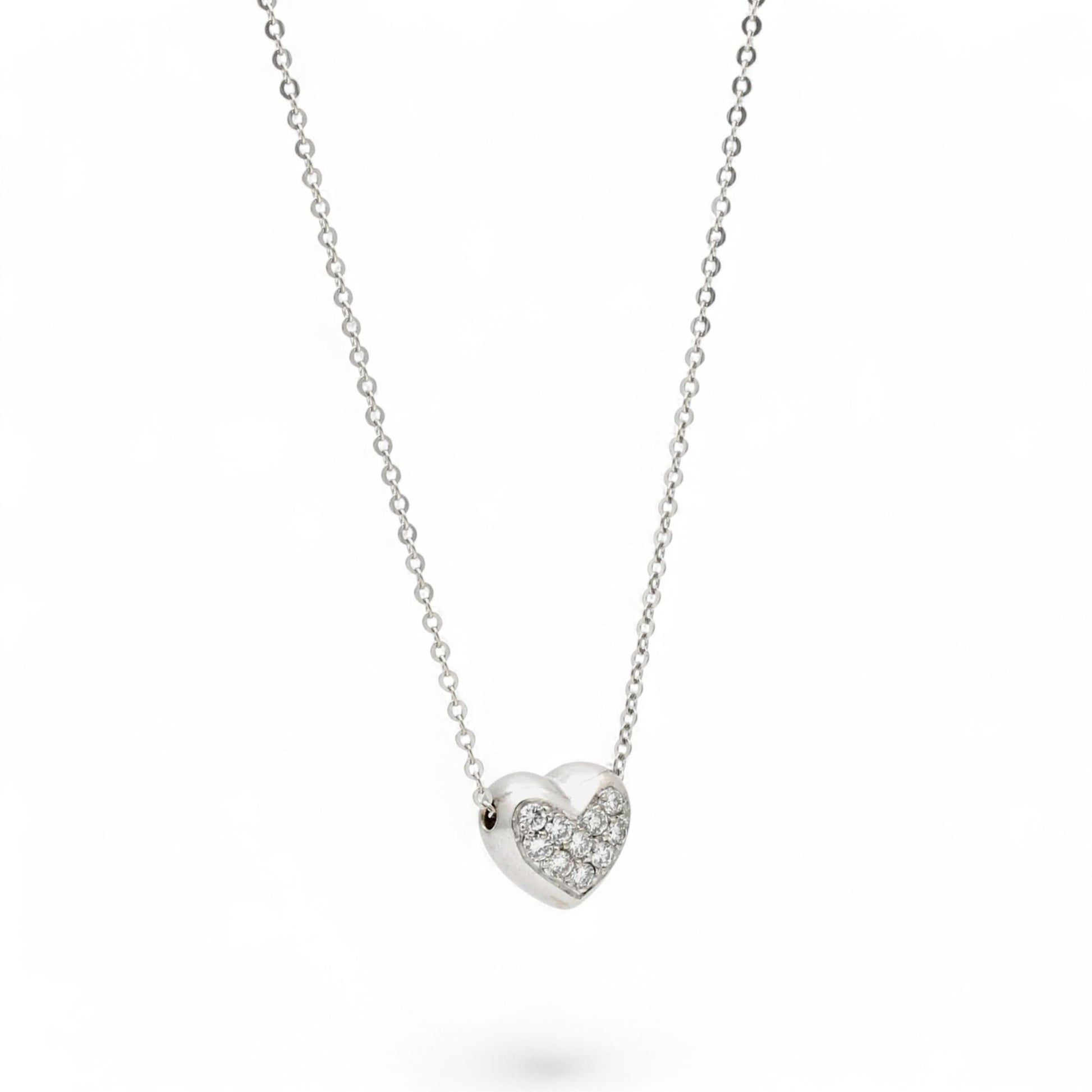 14k White Gold Puff Heart Diamond Pendant Necklace 0.30ct 16" Italian