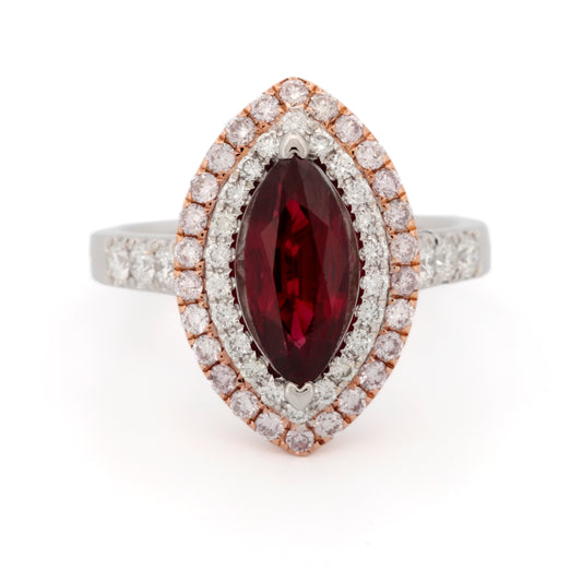 GIA Certified 2.08 ct Thai Red Ruby Ring with Double Diamond Halo 18k White Gold