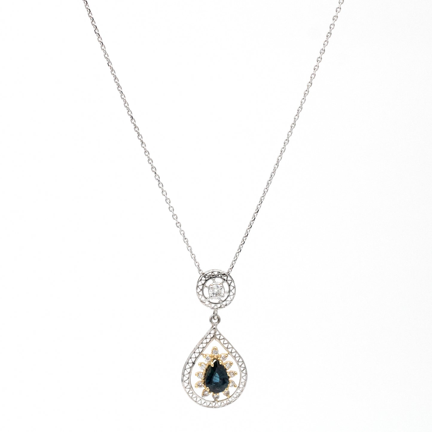 Stunning Women's 14k White Gold Diamond Blue Sapphire Dangle Pendant Necklace
