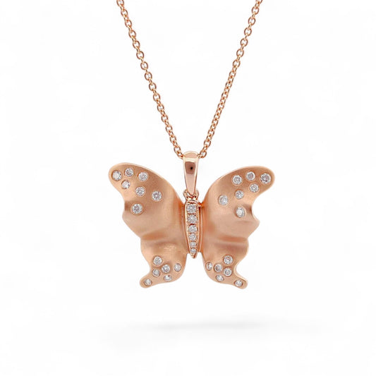 18k Rose Gold Diamond Butterfly Pendant Necklace