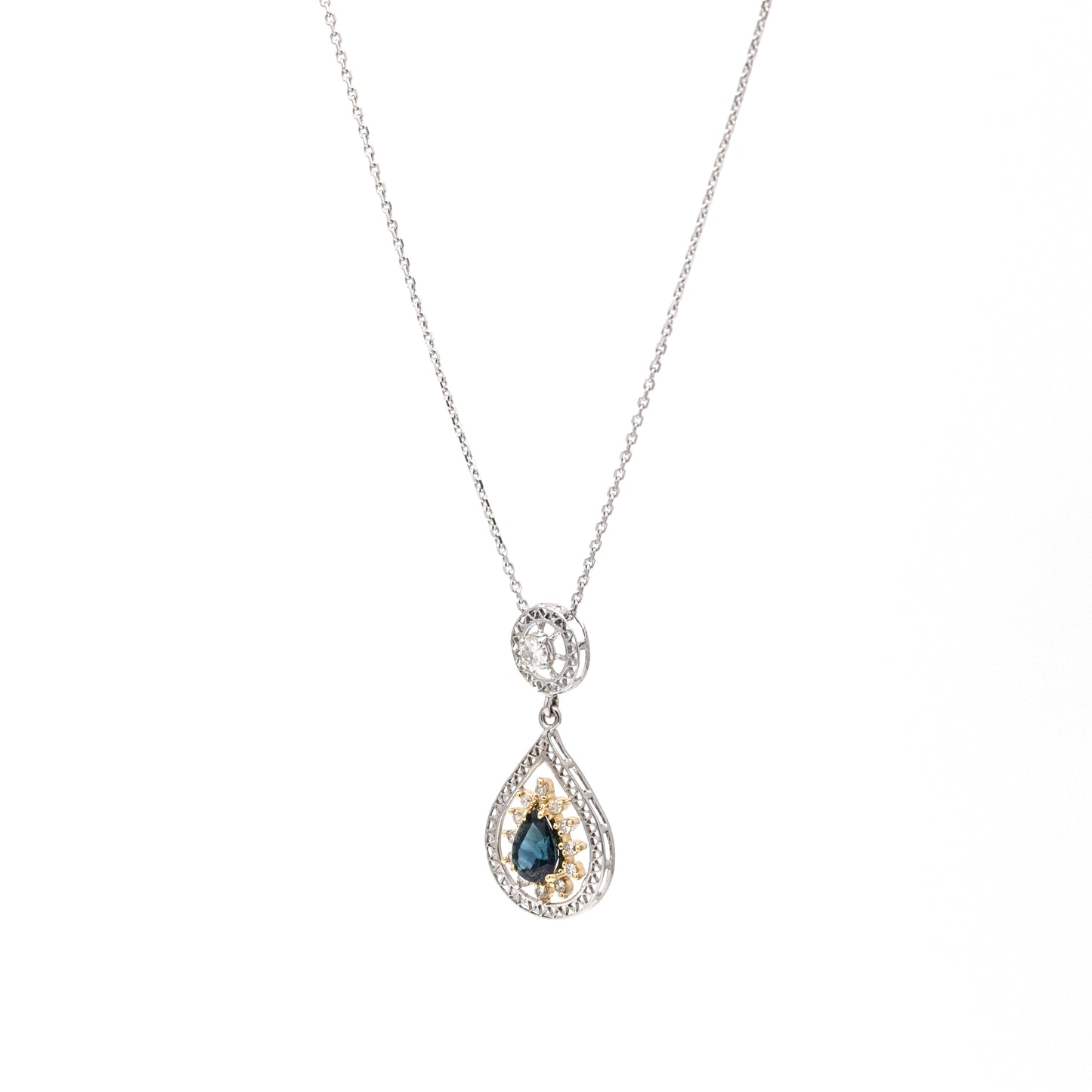 Stunning Women's 14k White Gold Diamond Blue Sapphire Dangle Pendant Necklace