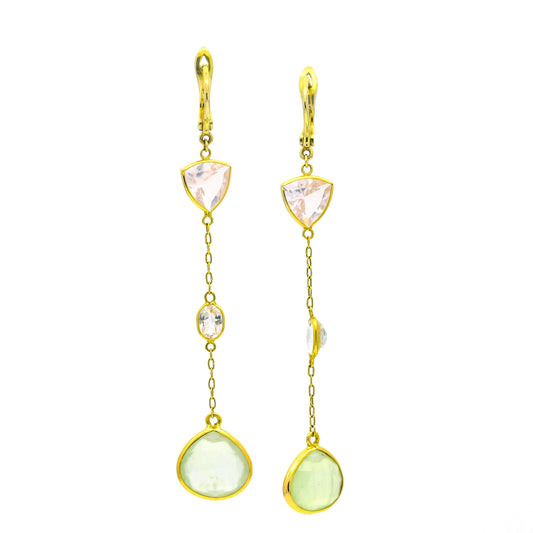 Dangle Drop Pink and Green Quartz Earrings in 14k Yellow Gold - 31 Jewels Inc.
