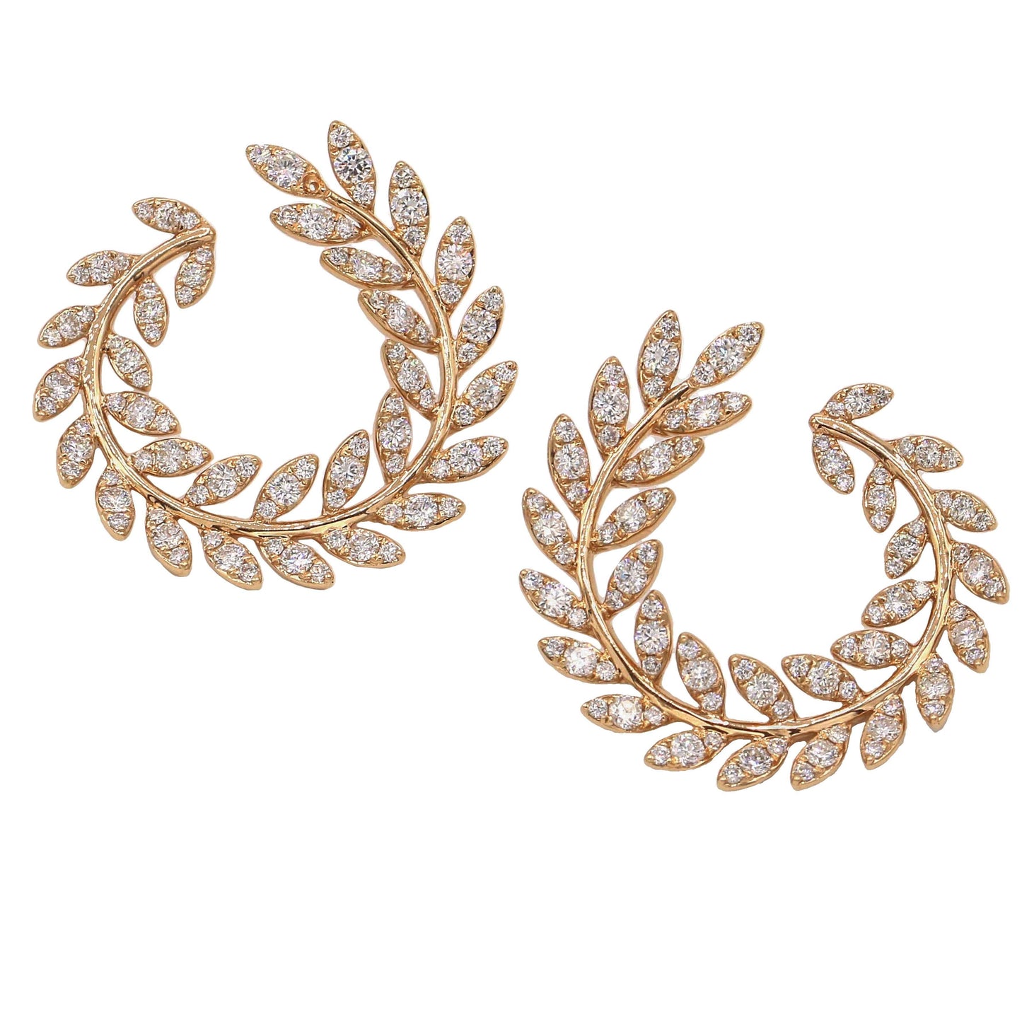 Designer Signed Laurel Wreath Diamond Leaf Earrings in 18k Rose Gold - 31 Jewels Inc.