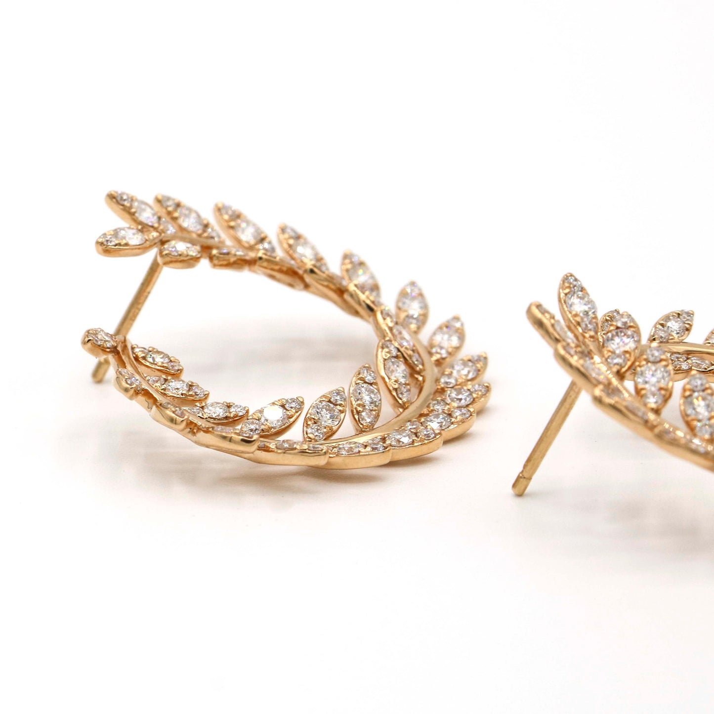 Designer Signed Laurel Wreath Diamond Leaf Earrings in 18k Rose Gold - 31 Jewels Inc.