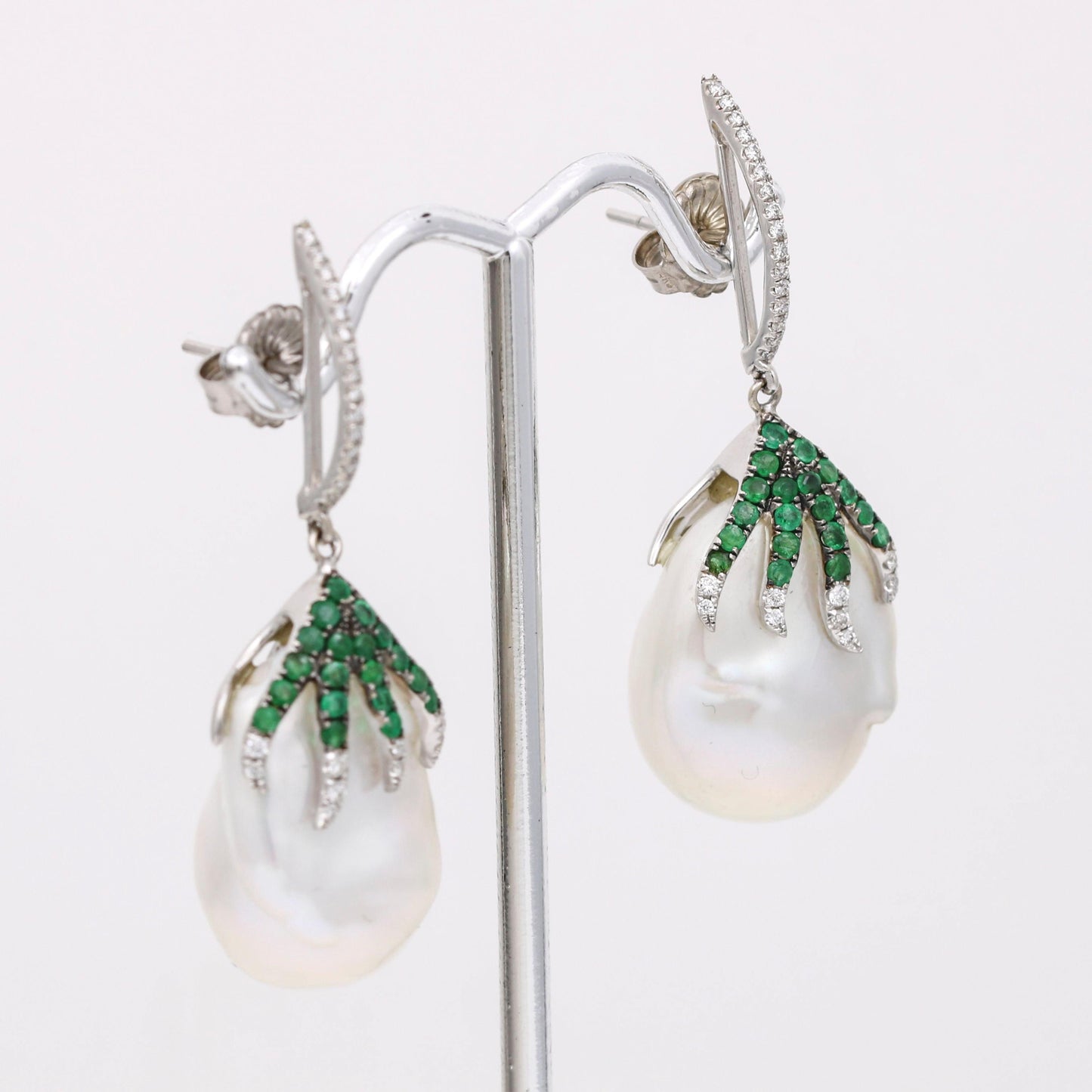 Diamond Emerald Baroque Pearl Dangle Earrings in 18k White Gold - 31 Jewels Inc.