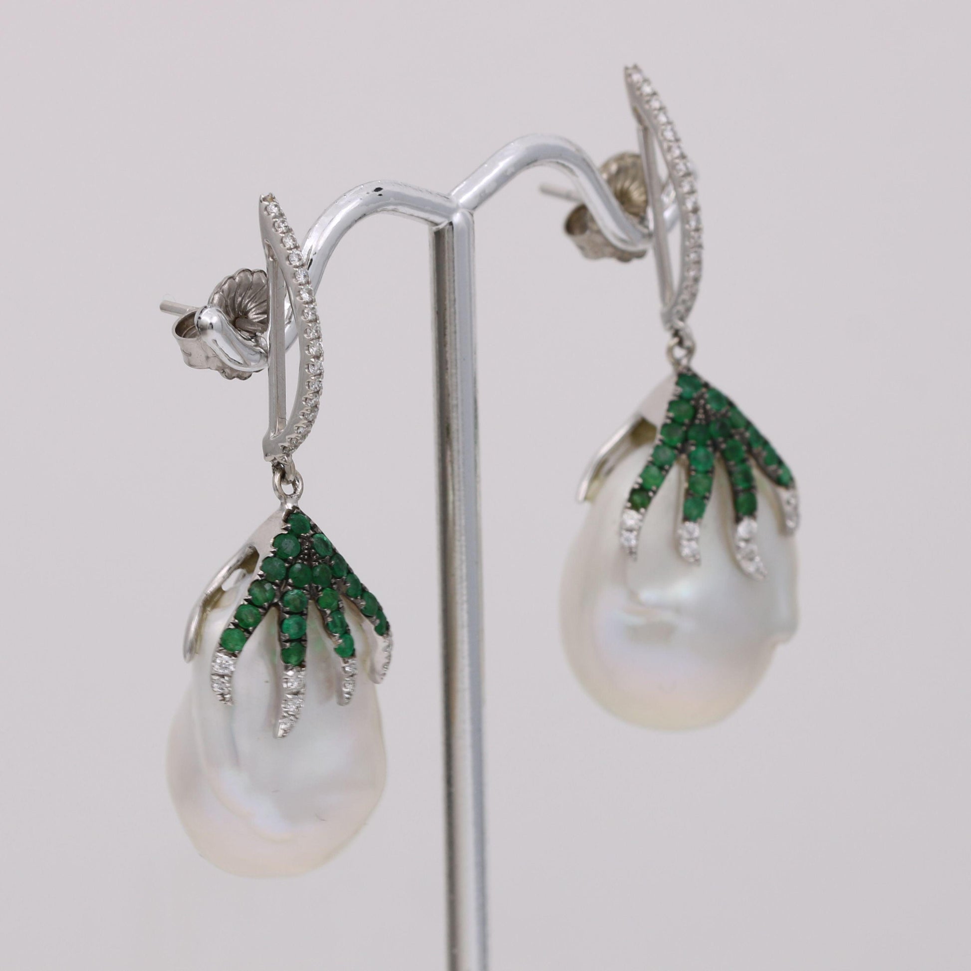 Diamond Emerald Baroque Pearl Dangle Earrings in 18k White Gold - 31 Jewels Inc.