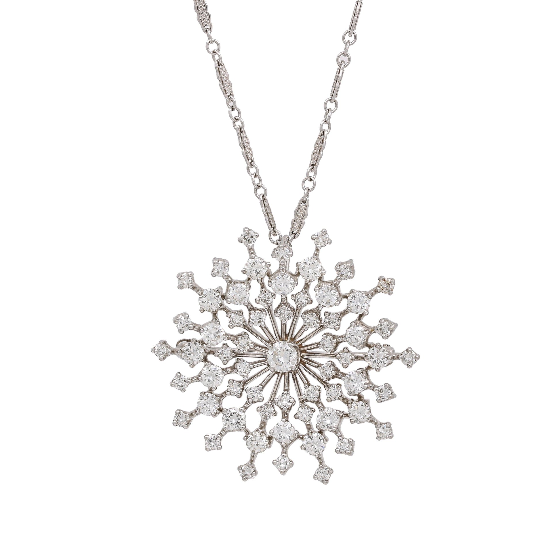 Diamond Starburst Brooch Pendant Necklace in 14k White Gold 3.95 cttw - 31 Jewels Inc.