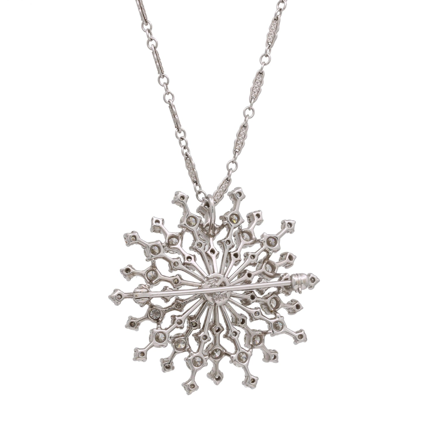 Diamond Starburst Brooch Pendant Necklace in 14k White Gold 3.95 cttw - 31 Jewels Inc.