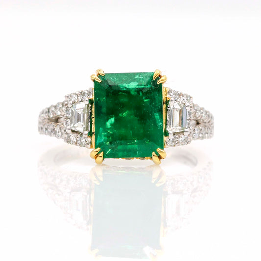 Deep Green Natural Emerald Ring with Diamond Accents Signed Ed B