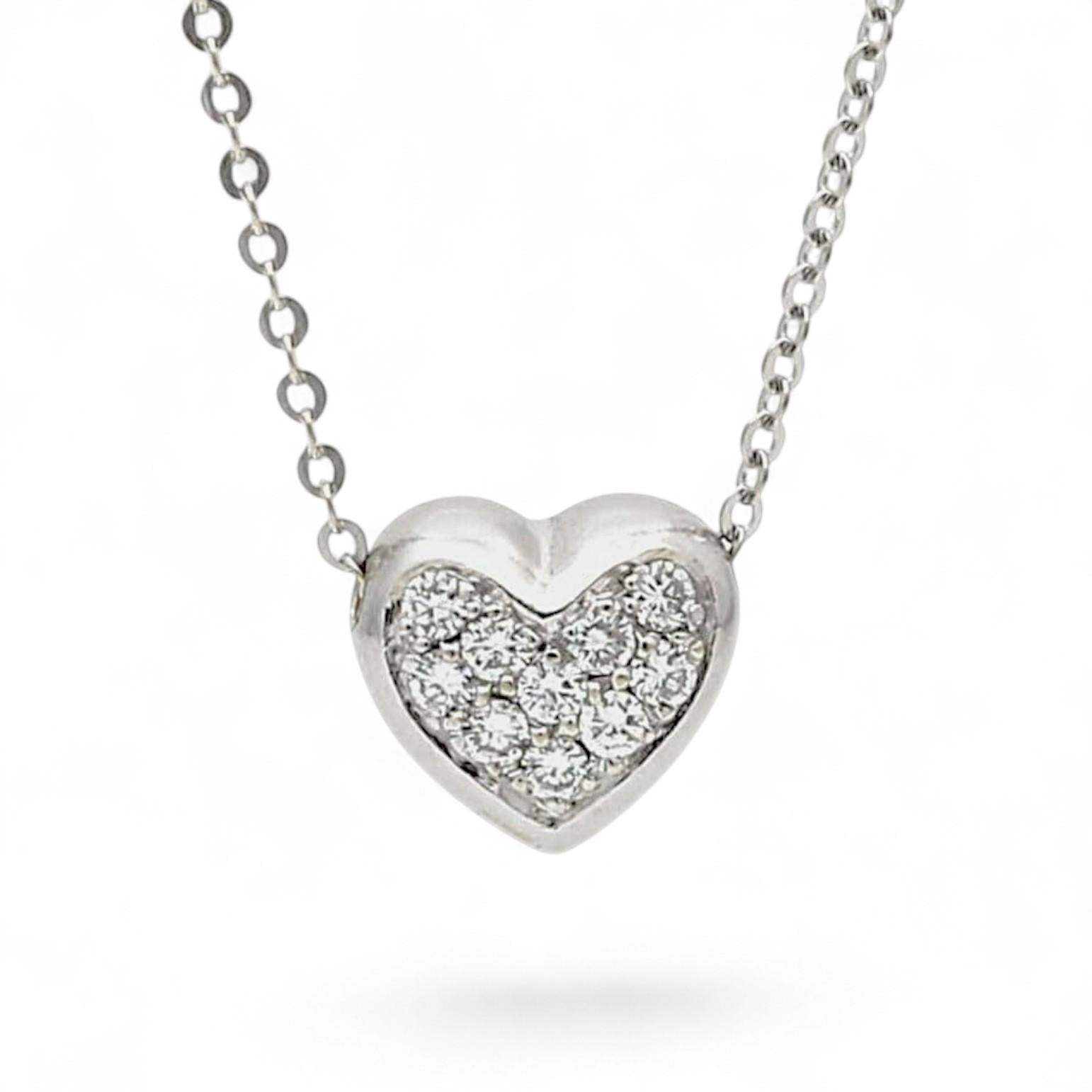 14k White Gold Puff Heart Diamond Pendant Necklace 0.30ct 16" Italian