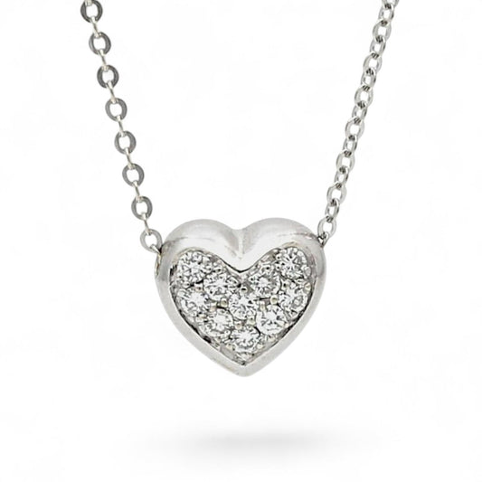 14k White Gold Puff Heart Diamond Pendant Necklace 0.30ct 16" Italian