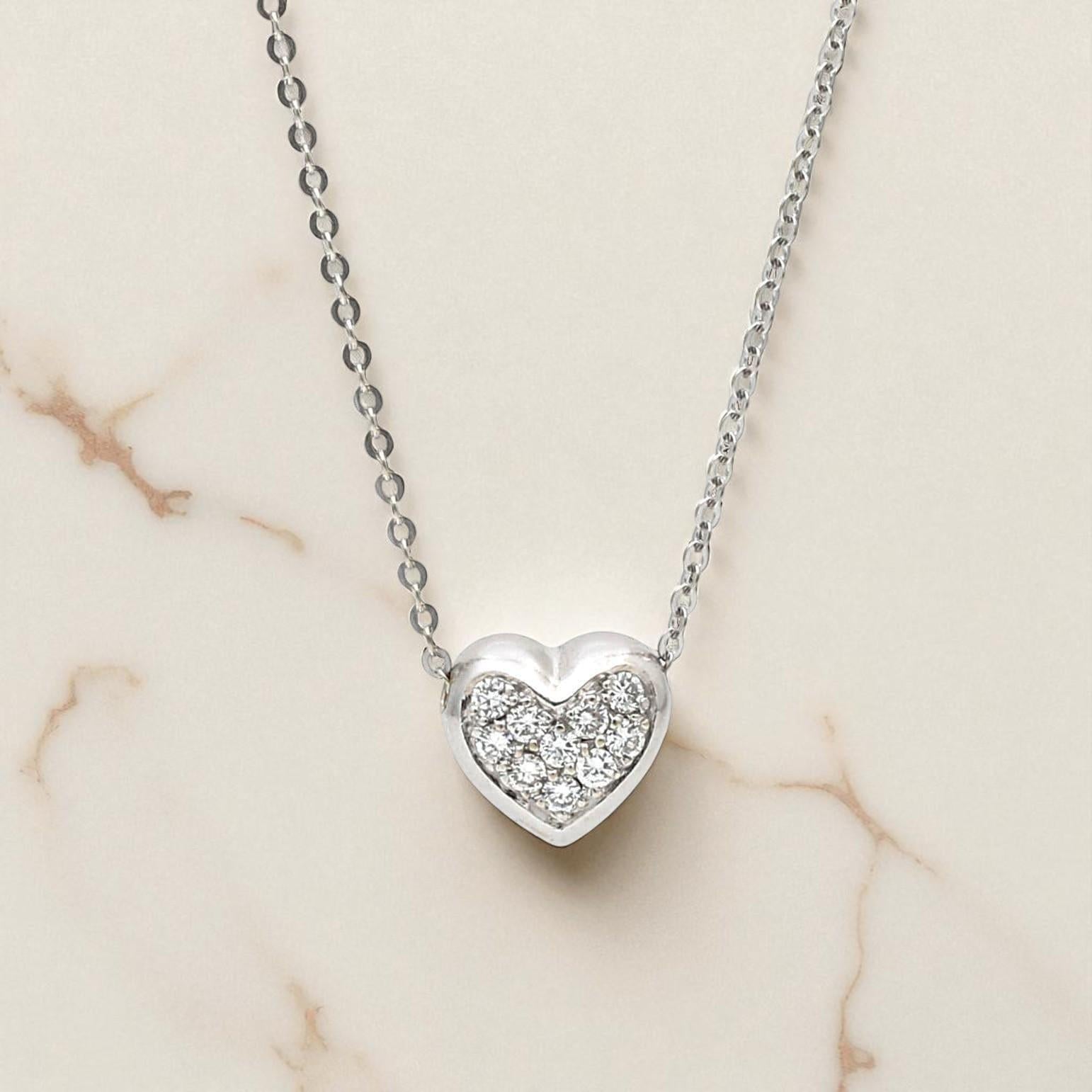 14k White Gold Puff Heart Diamond Pendant Necklace 0.30ct 16" Italian