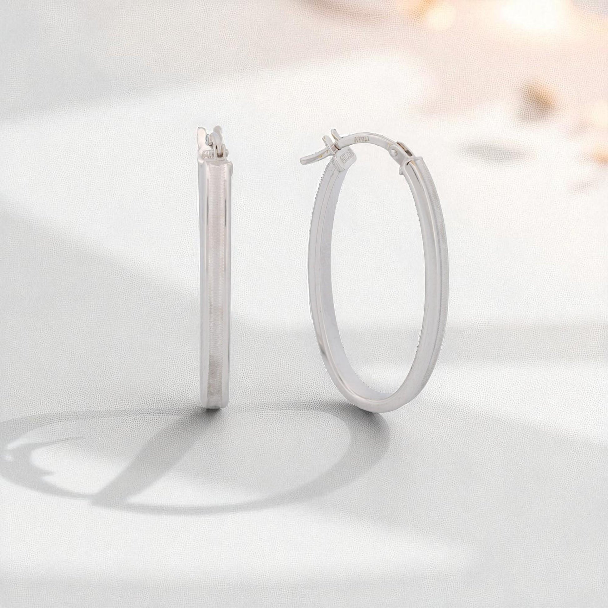 Milor Italian 18K White Gold Concave Oval Hoop Earrings 28 mm 1.8 g