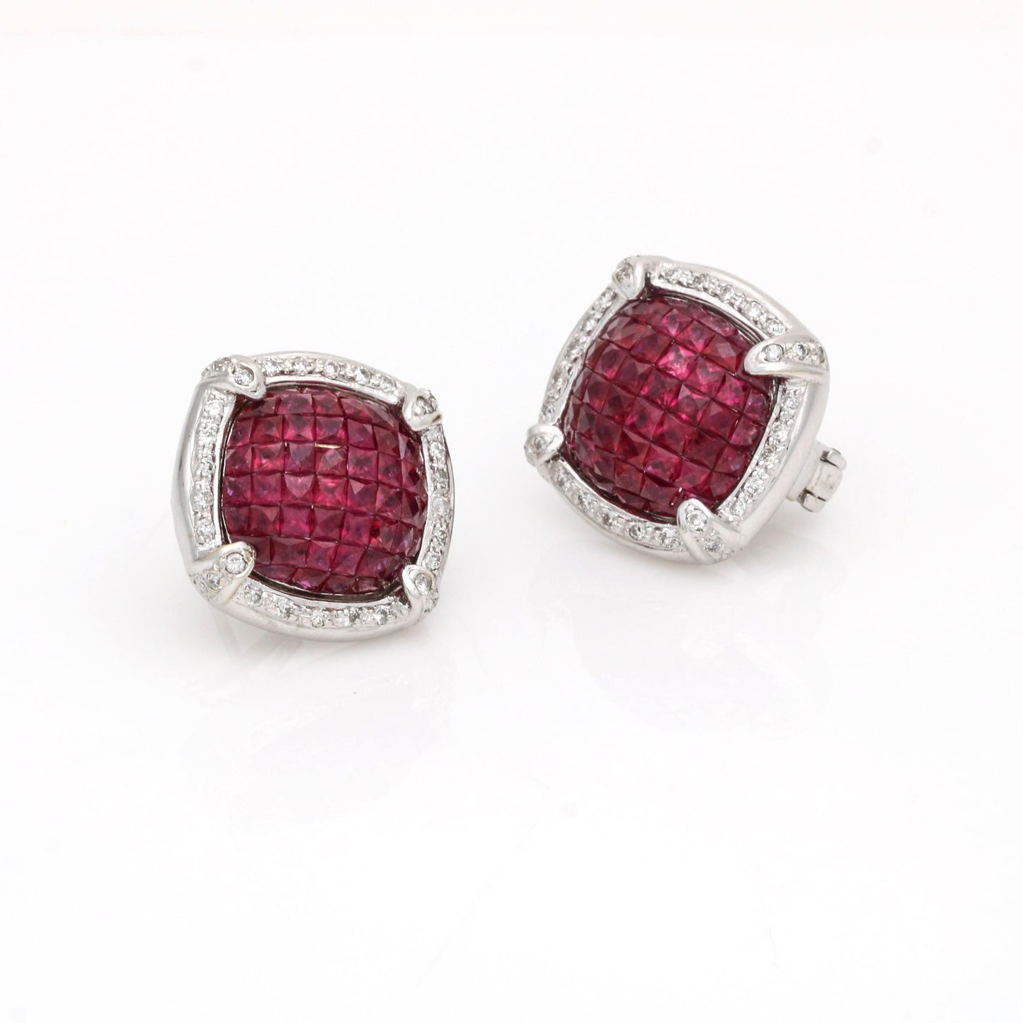 Invisible Set Ruby Diamond Earrings in 18k White Gold 4.75 cttw - 31 Jewels Inc.