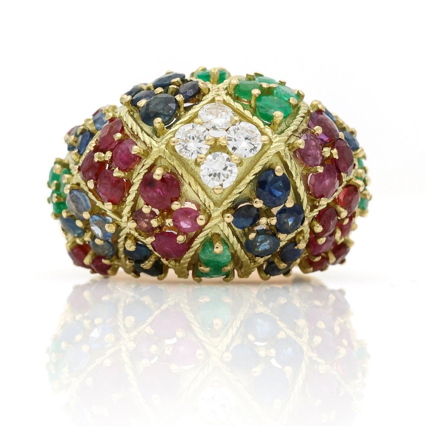 Mid-Century Diamond Gemstone 18k Yellow Gold Dome Ring Emerald Ruby Sapphire - 31 Jewels Inc.