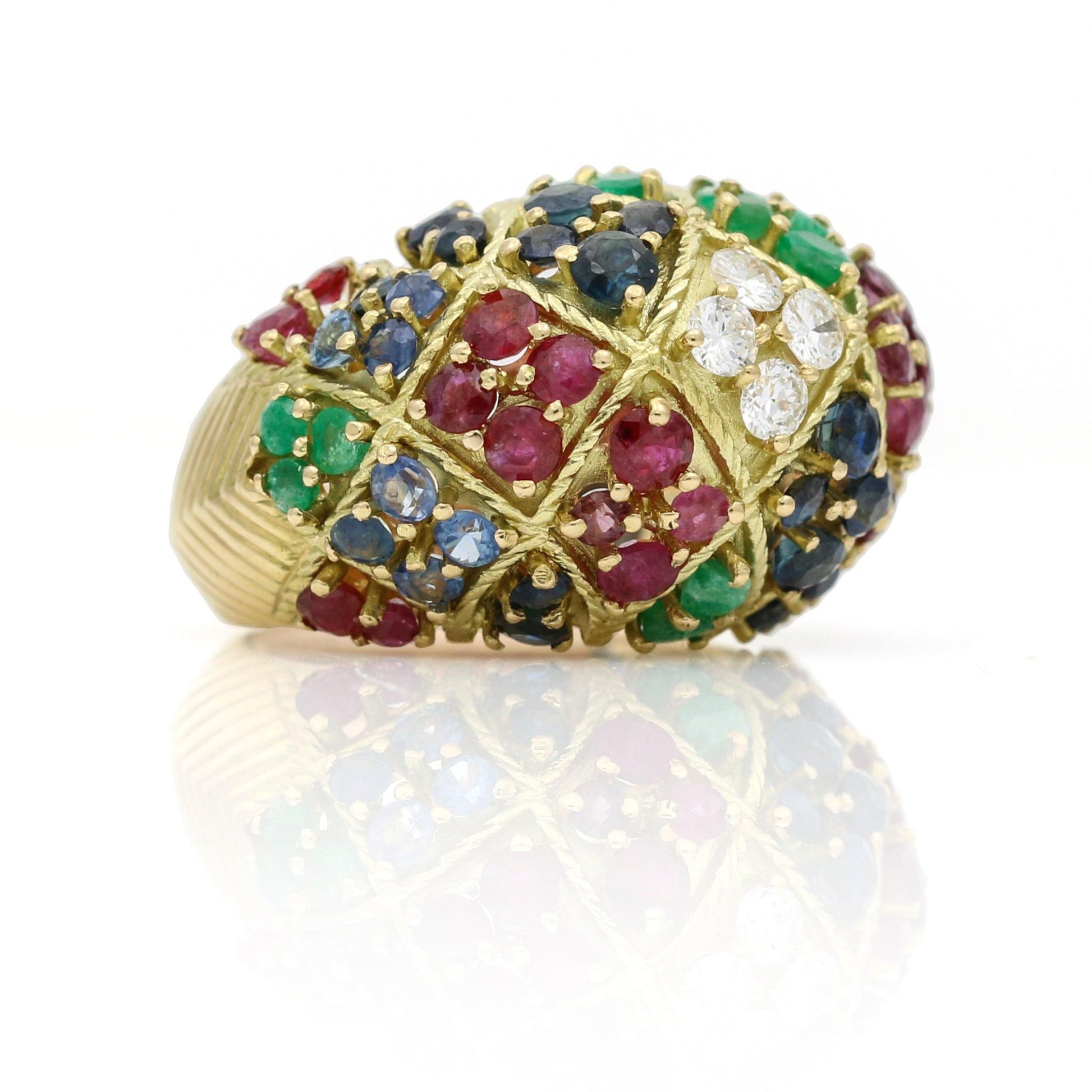 Mid-Century Diamond Gemstone 18k Yellow Gold Dome Ring Emerald Ruby Sapphire - 31 Jewels Inc.