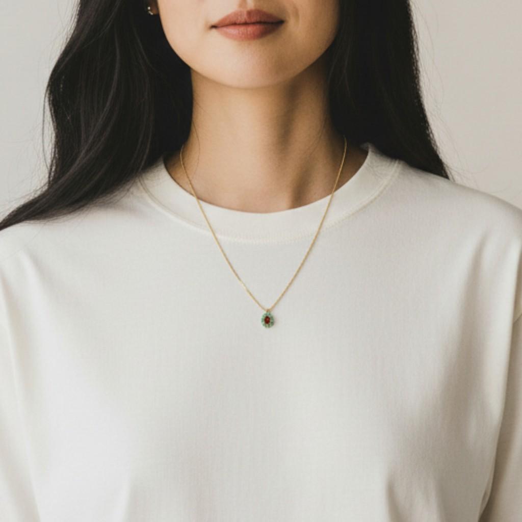 Vintage 14k Yellow Gold Pink & Green Gemstone Halo Pendant Necklace