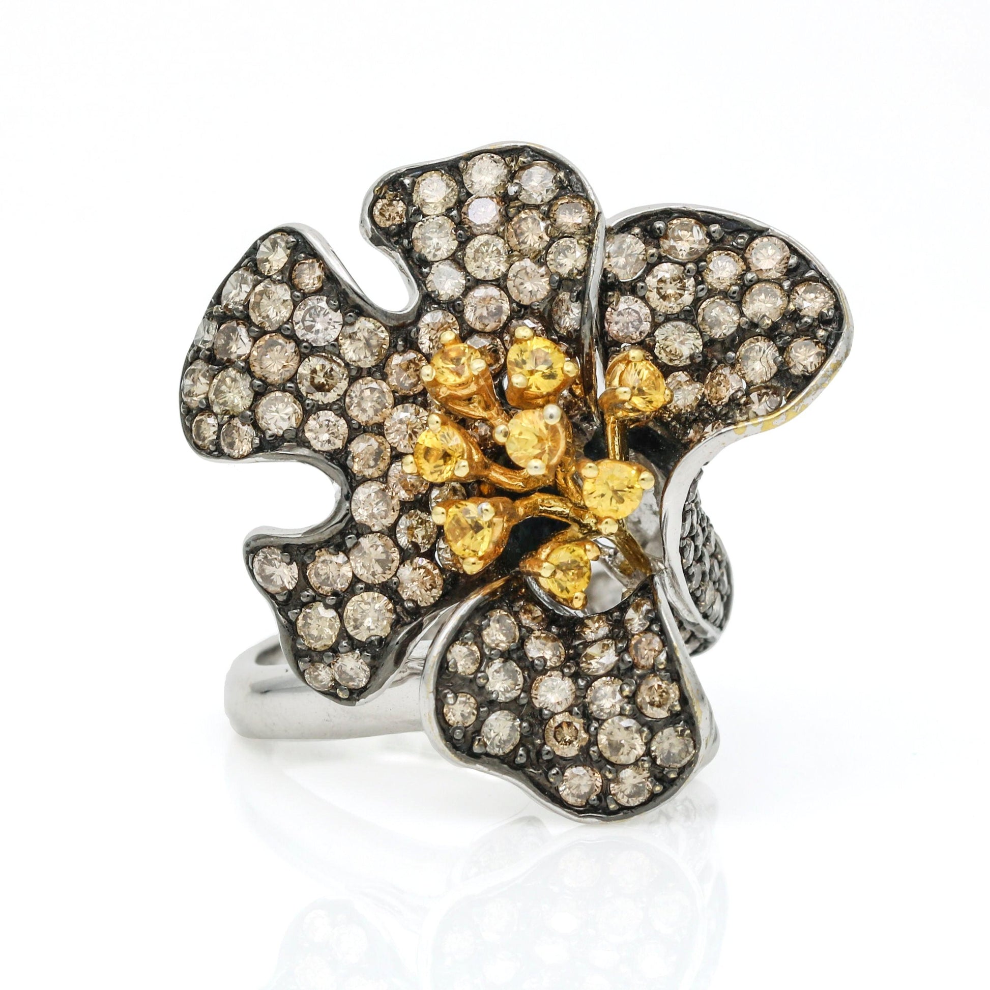 Pave Brown Diamonds & Yellow Sapphire Flower Statement Ring in 14k White Gold - 31 Jewels Inc.