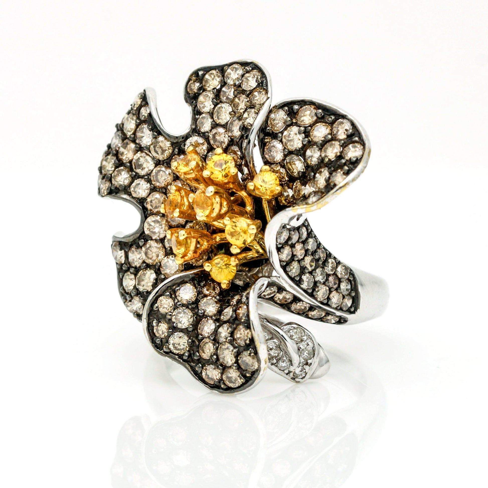 Pave Brown Diamonds & Yellow Sapphire Flower Statement Ring in 14k White Gold - 31 Jewels Inc.