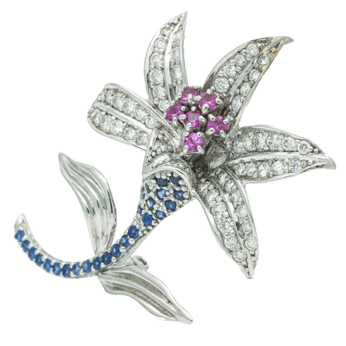 Ruby Diamond Sapphire Flower Brooch in 18k White Gold - 31 Jewels Inc.