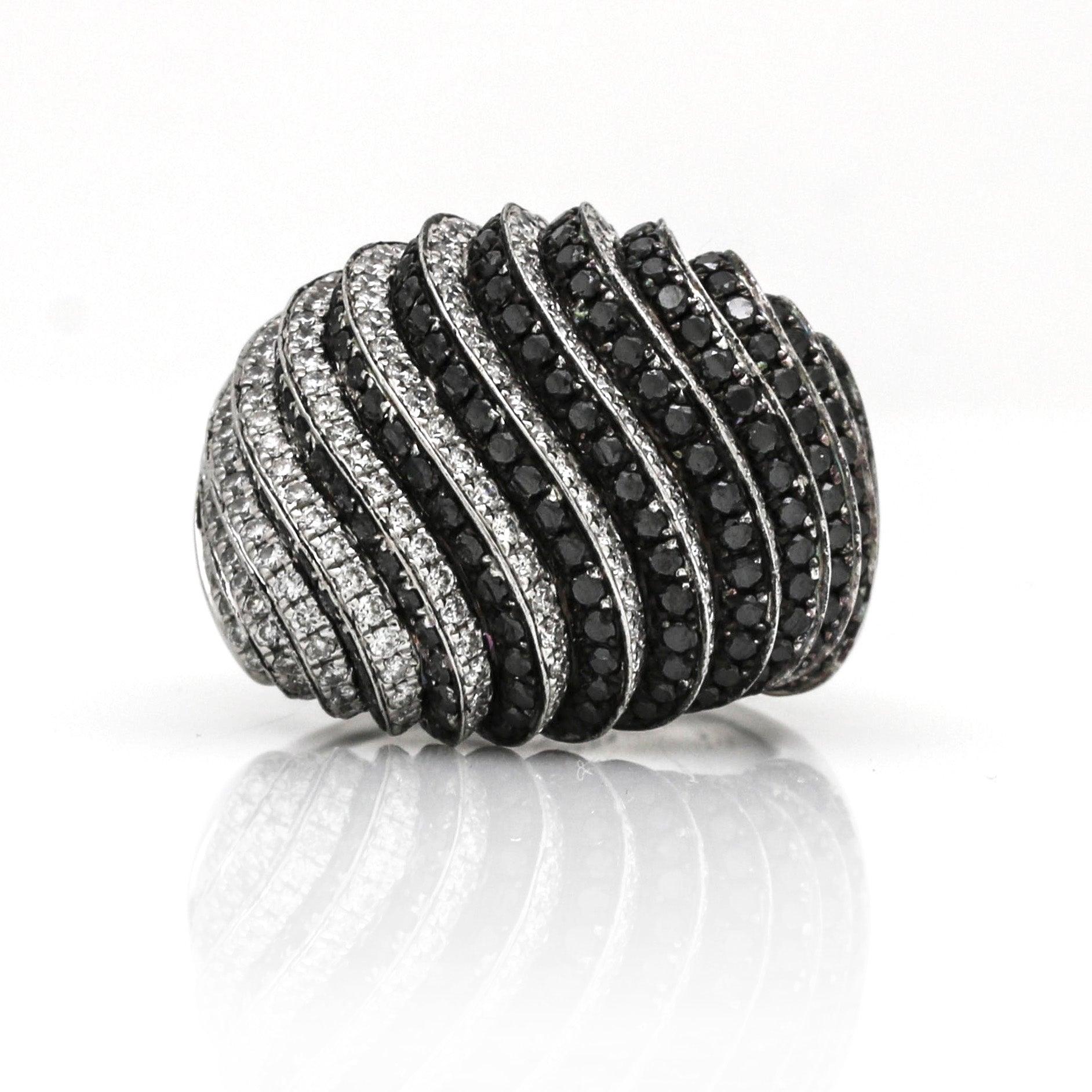 Signed Black and White Diamond Waves Dome Statement Ring in 18k White Gold - 31 Jewels Inc.