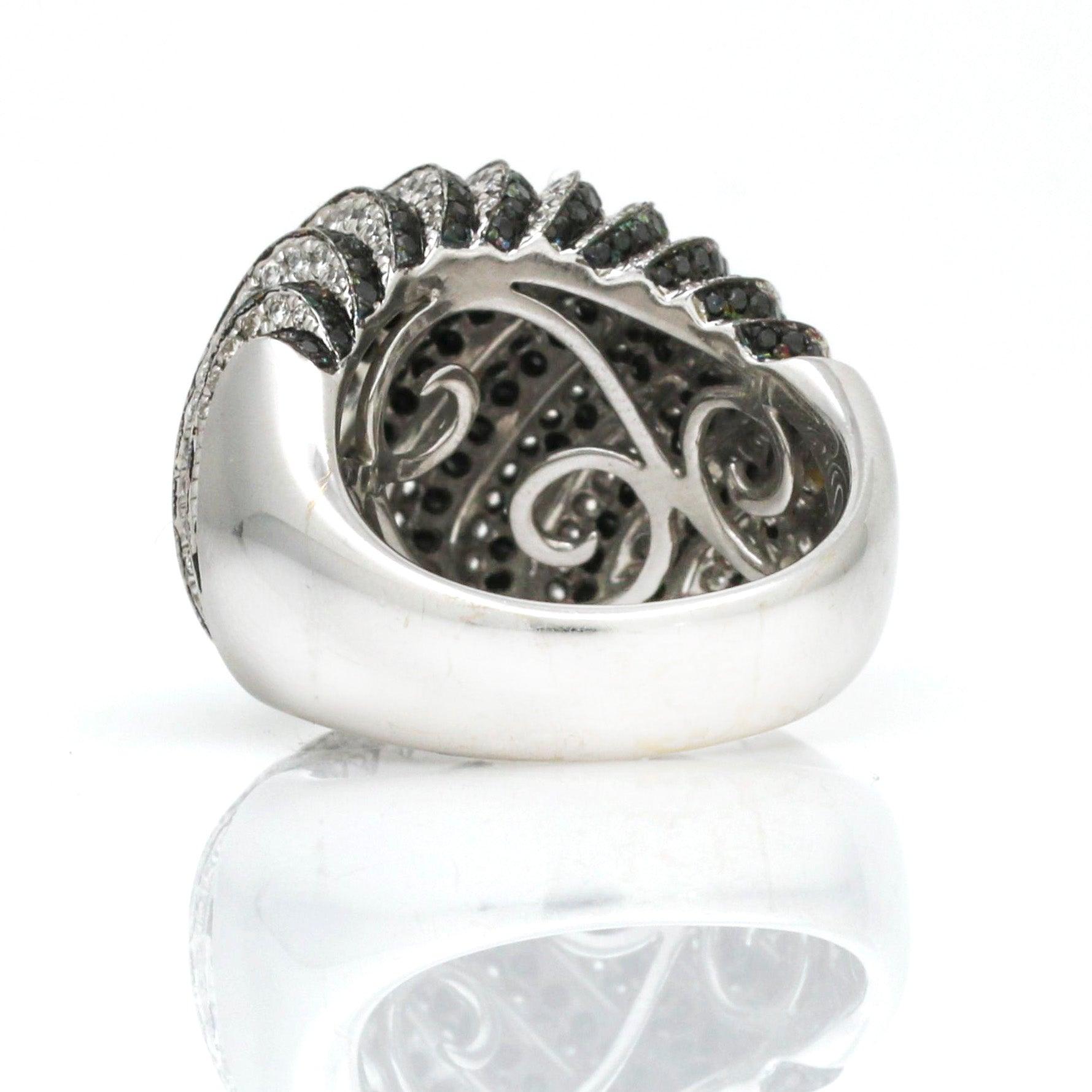Signed Black and White Diamond Waves Dome Statement Ring in 18k White Gold - 31 Jewels Inc.