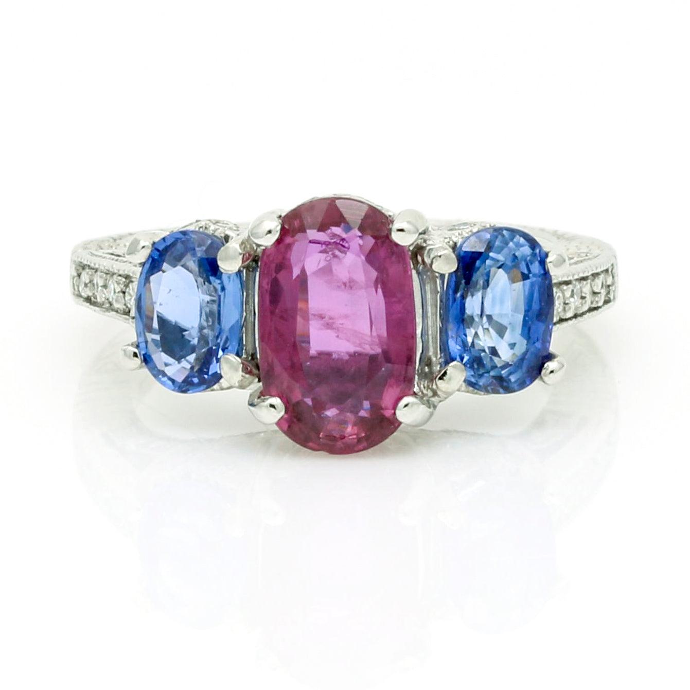 Valobra Ruby Sapphire Diamond Three Stone Ring in Platinum - 31 Jewels Inc.