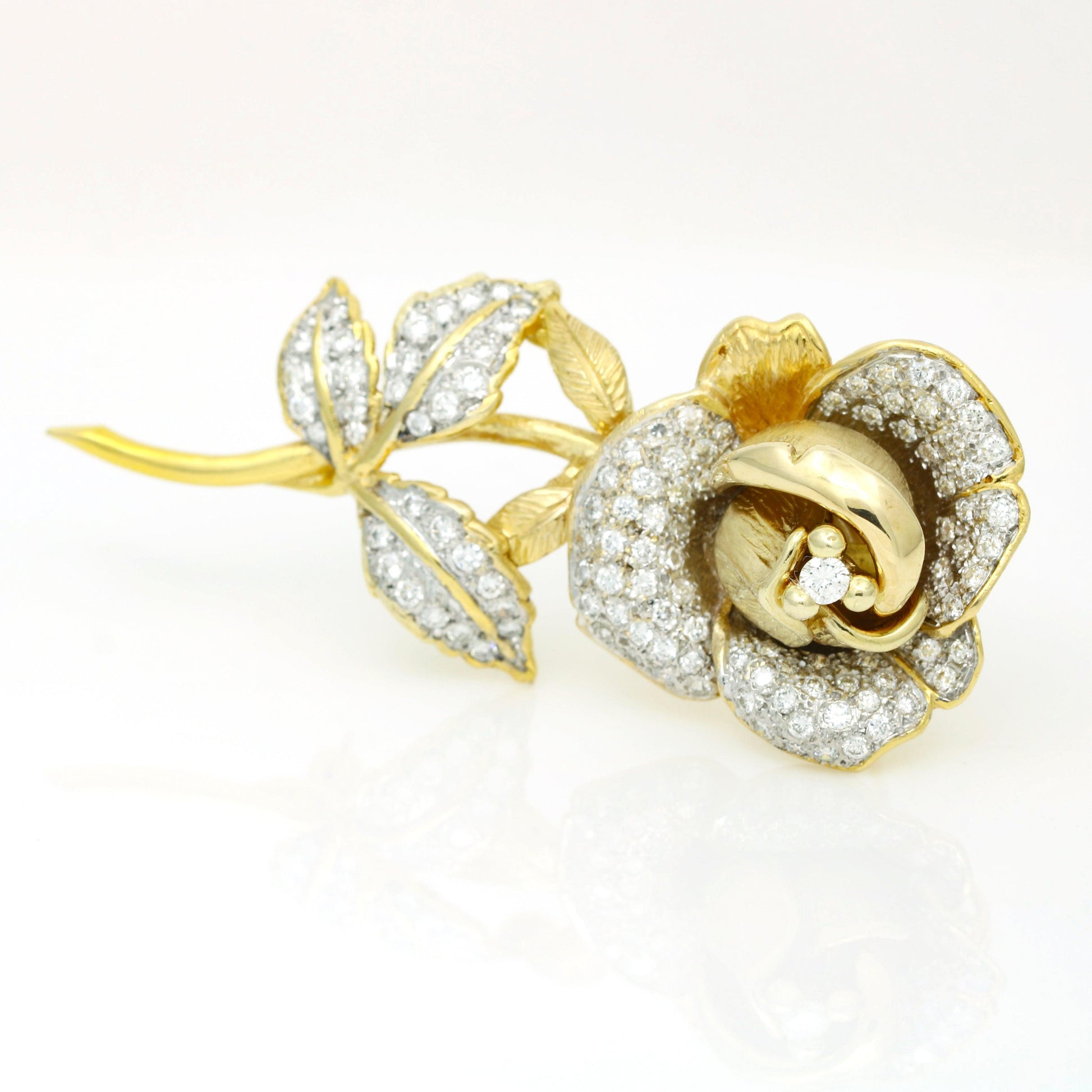 Vintage Diamond Flower Rose Brooch in 14k Yellow Gold - 31 Jewels Inc.