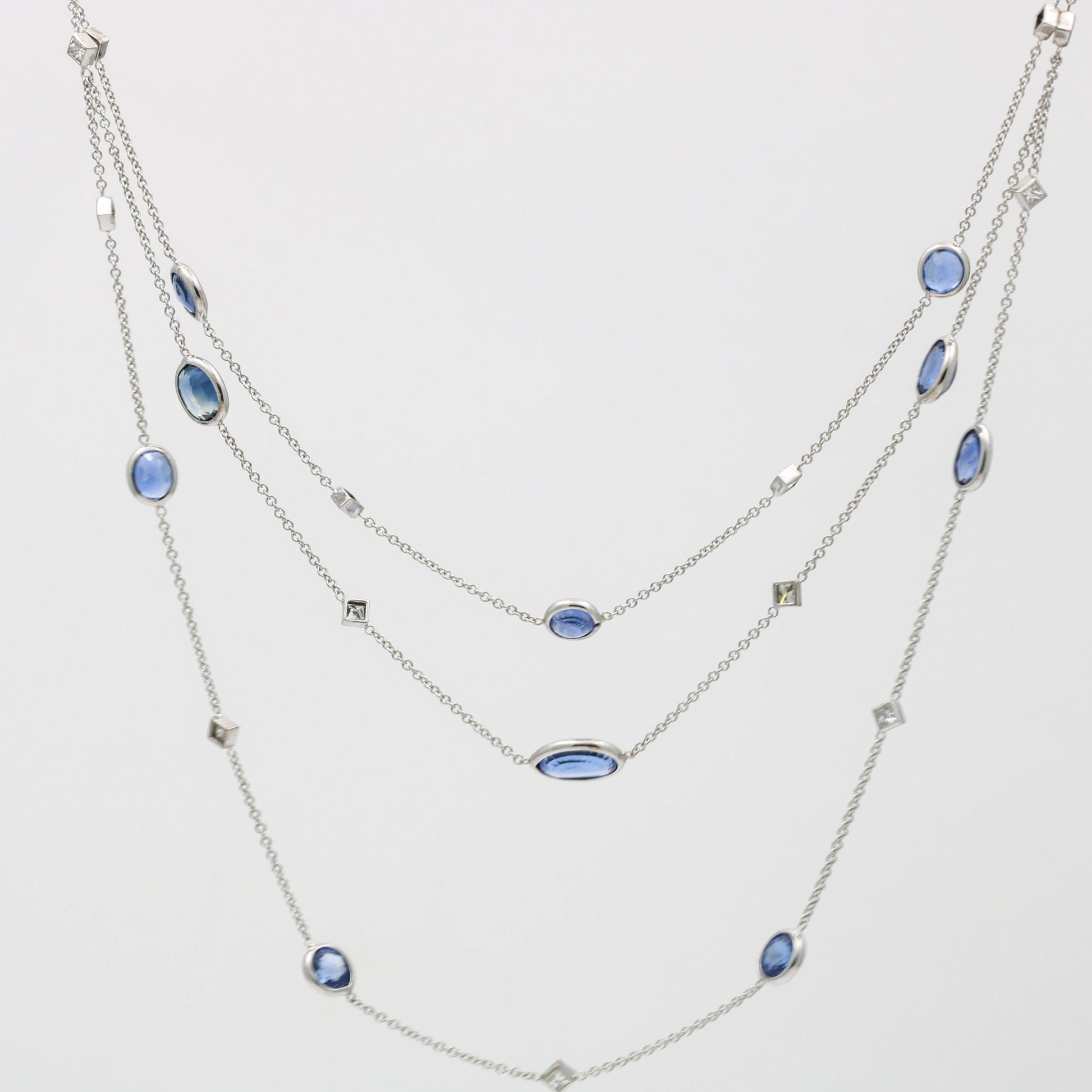 Women's Blue Sapphire and Diamond 18k Gold Station Necklace Layered Chains - 31 Jewels Inc.