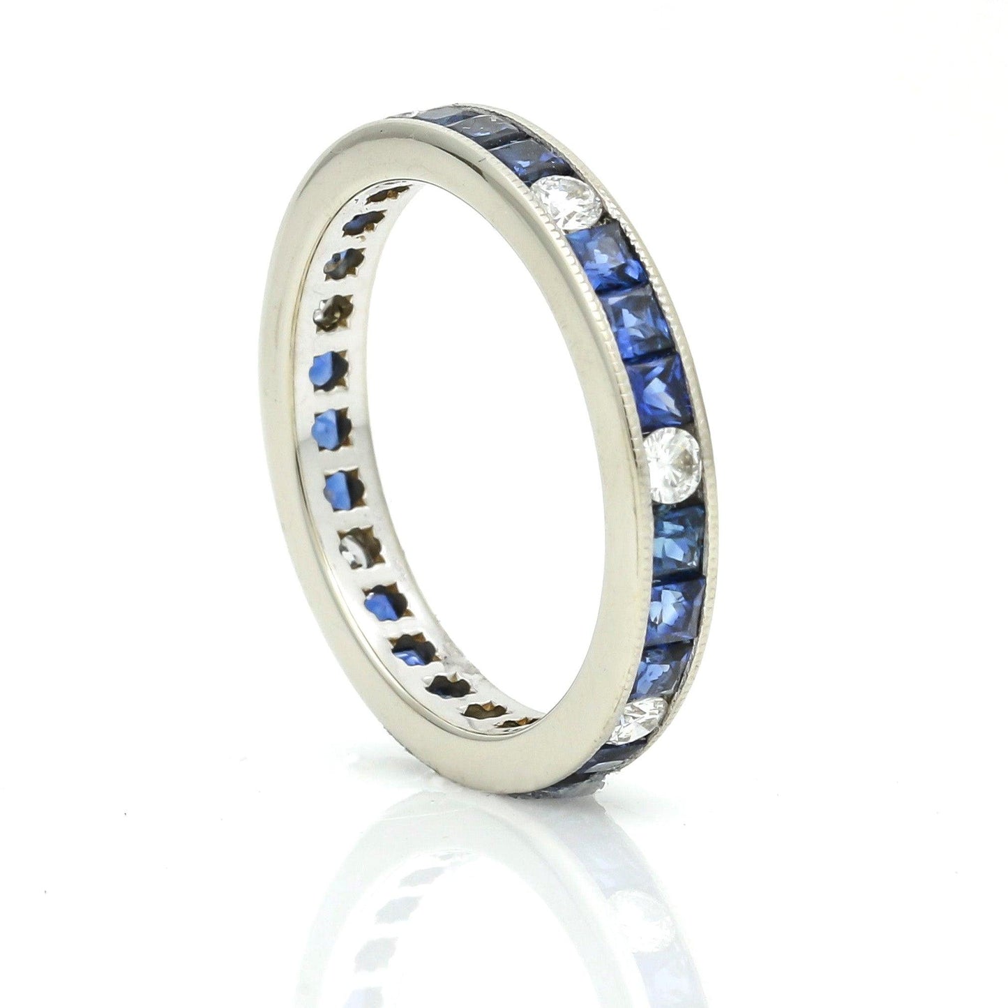 Women's Blue Sapphire Diamond Channel Set Anniversary Band 18k White Gold Ring - 31 Jewels Inc.