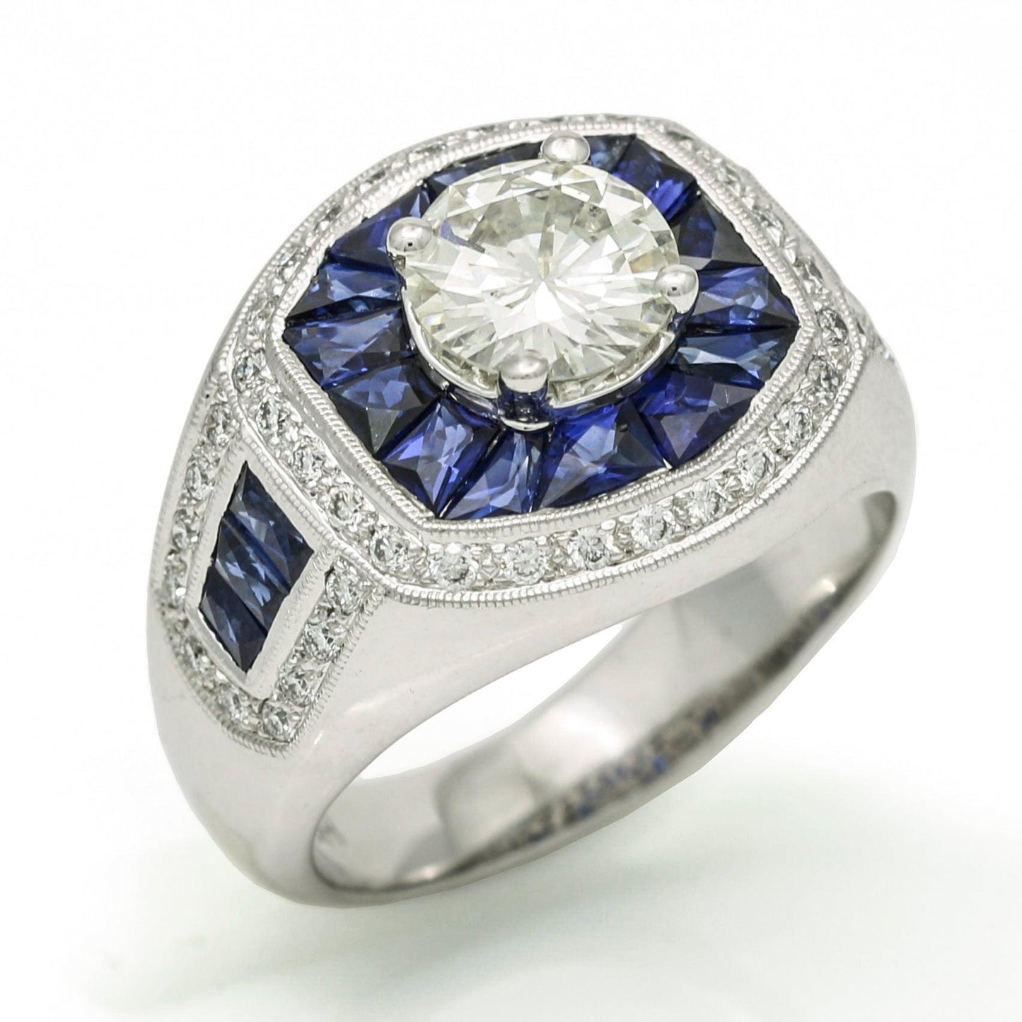 Women's Diamond Sapphire Art Deco Style Statement Ring in 14k White Gold - 31 Jewels Inc.