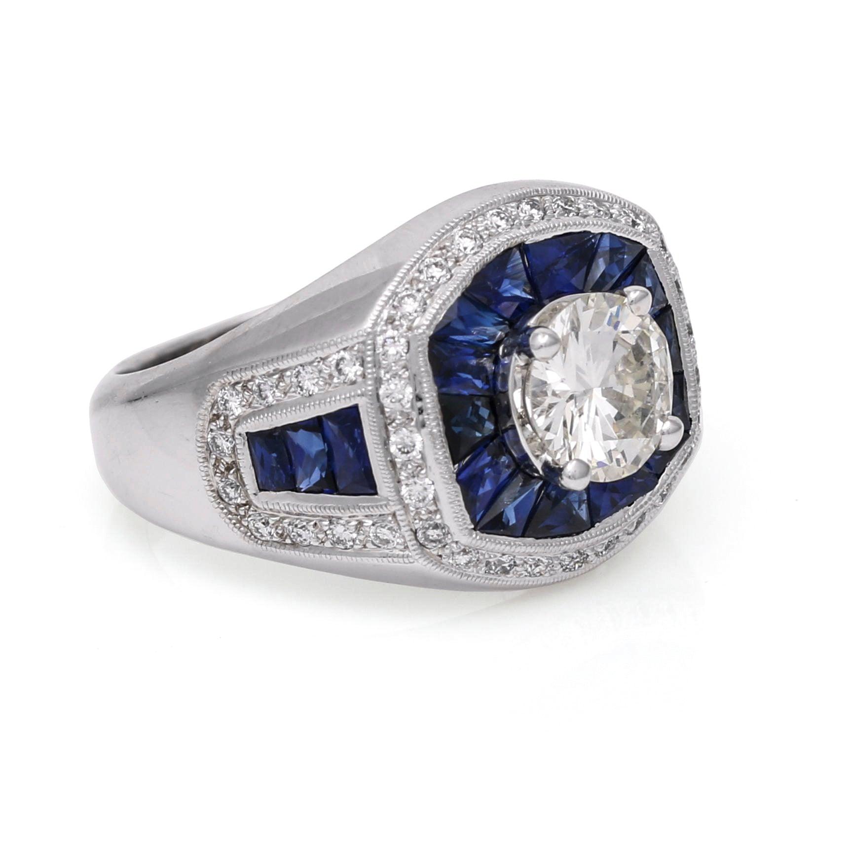 Women's Diamond Sapphire Art Deco Style Statement Ring in 14k White Gold - 31 Jewels Inc.