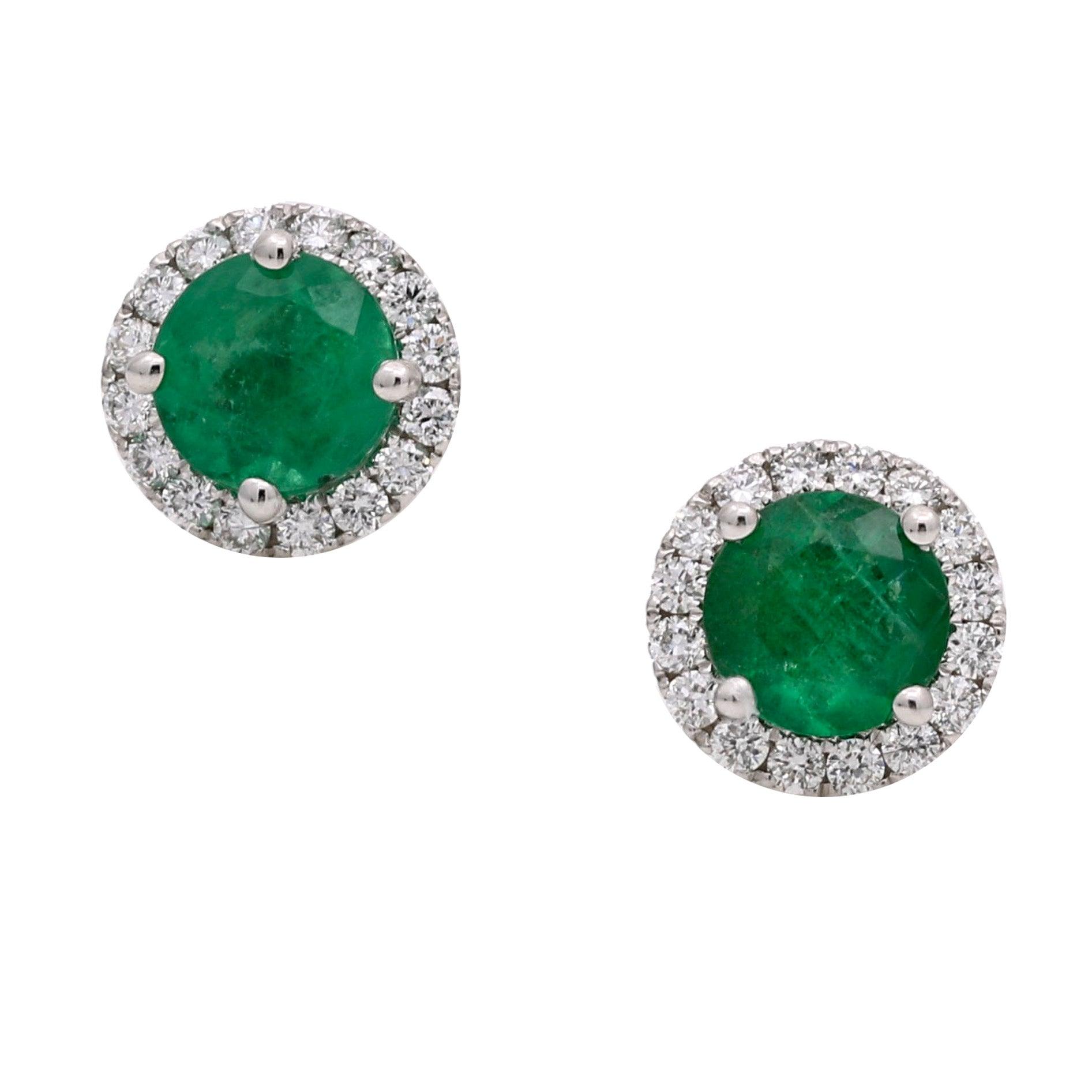 Women's Emerald Diamond Halo Stud Earrings in 18k White Gold - 31 Jewels Inc.