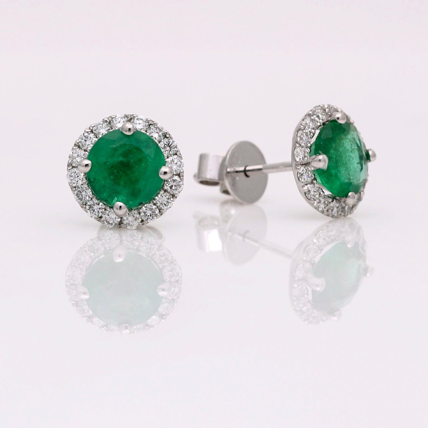 Women's Emerald Diamond Halo Stud Earrings in 18k White Gold - 31 Jewels Inc.