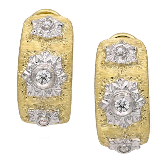 Women's Italian Florentine Finish Diamond Hoop Earrings in 18k Yellow Gold - 31 Jewels Inc.