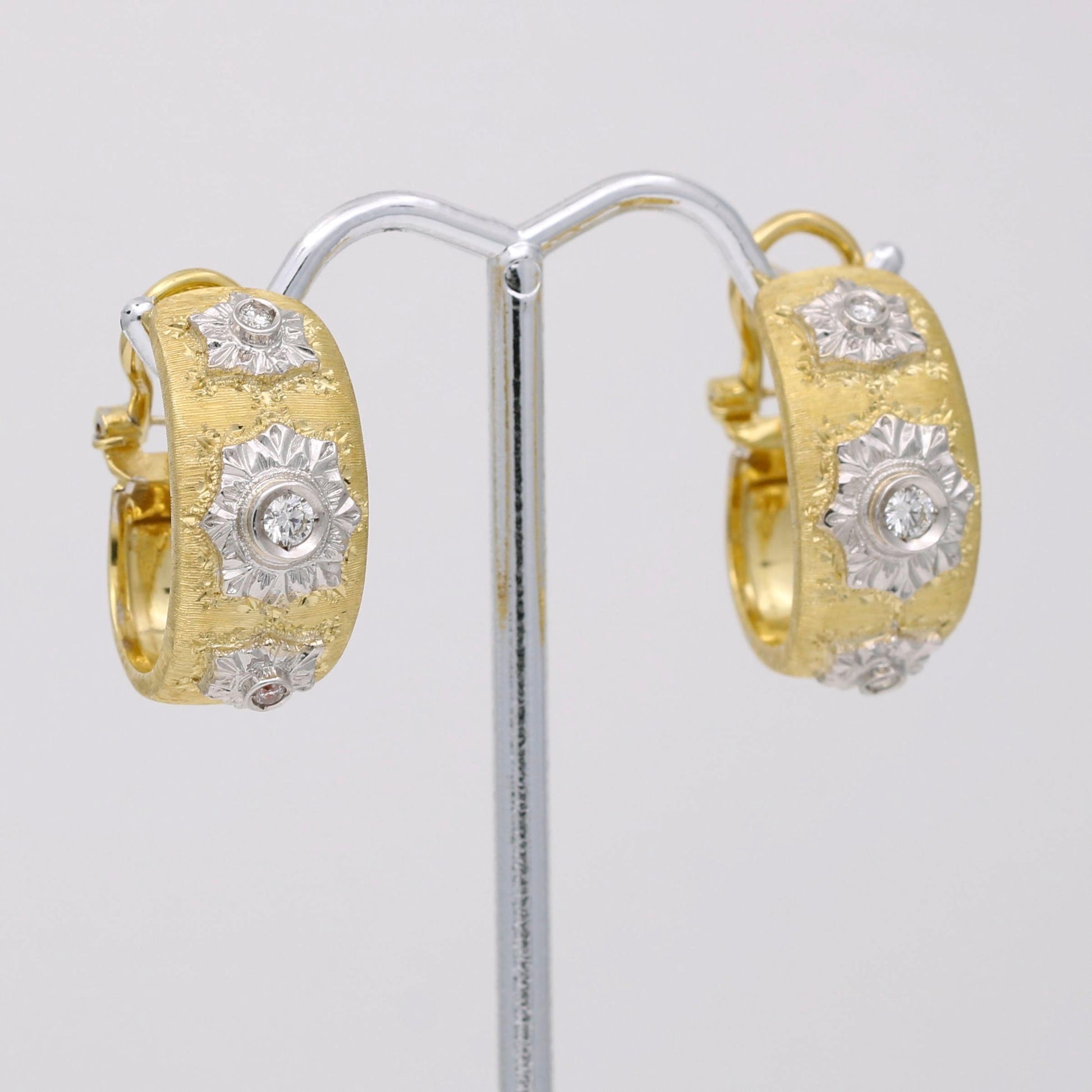 Women's Italian Florentine Finish Diamond Hoop Earrings in 18k Yellow Gold - 31 Jewels Inc.