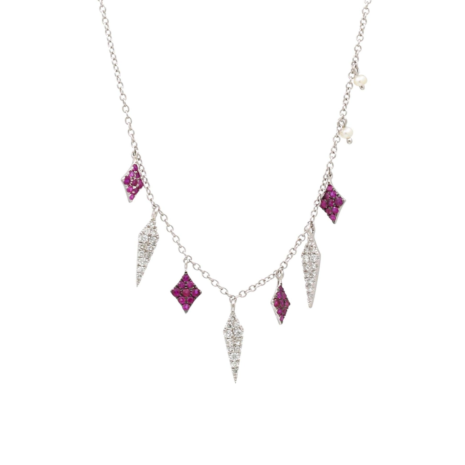 Women's Pave Diamond Ruby Dangling Charms Necklace in 14k White Gold - 31 Jewels Inc.