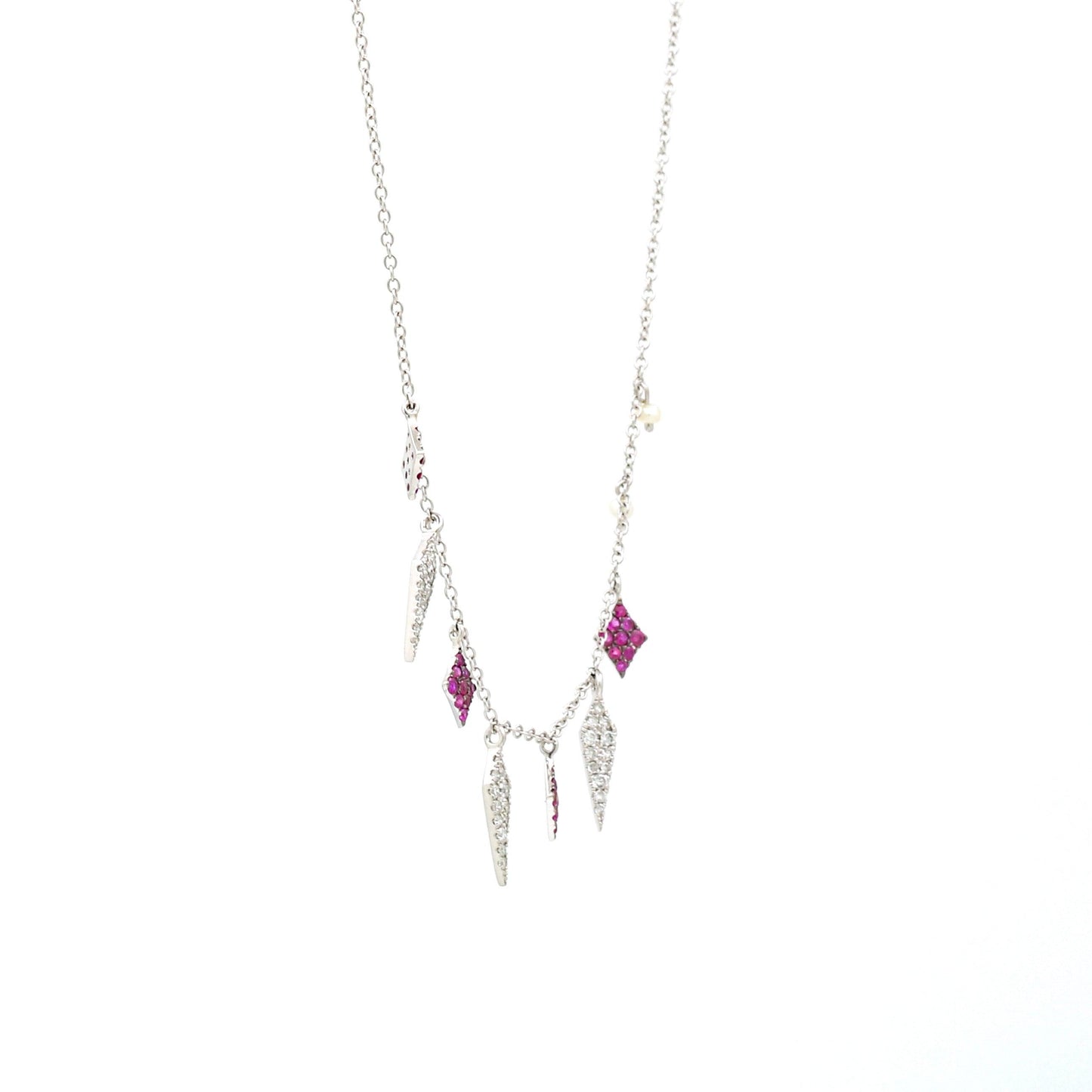 Women's Pave Diamond Ruby Dangling Charms Necklace in 14k White Gold - 31 Jewels Inc.