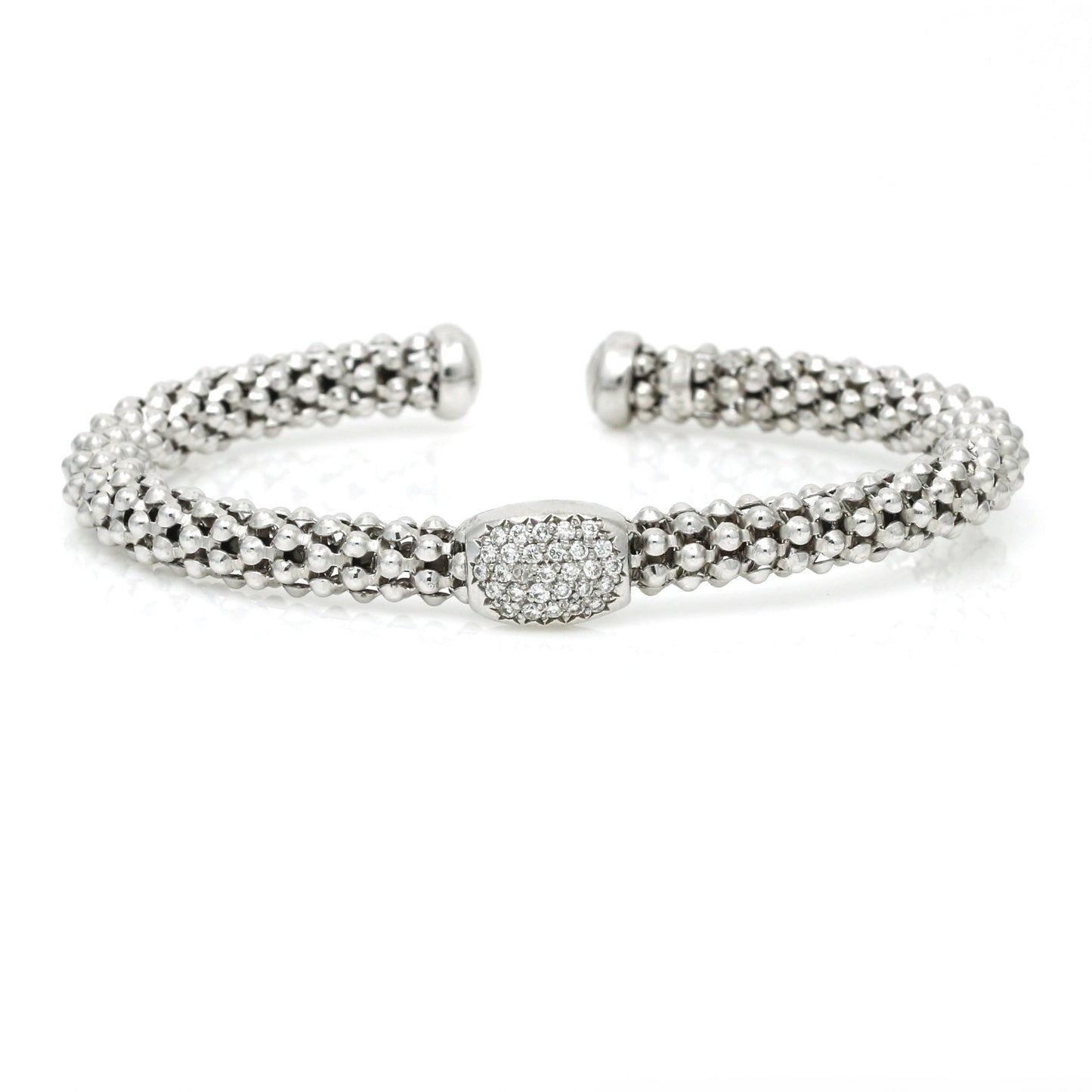 Women's Pave Diamond Station Beaded Textured Cuff Bracelet 14k White Gold - 31 Jewels Inc.