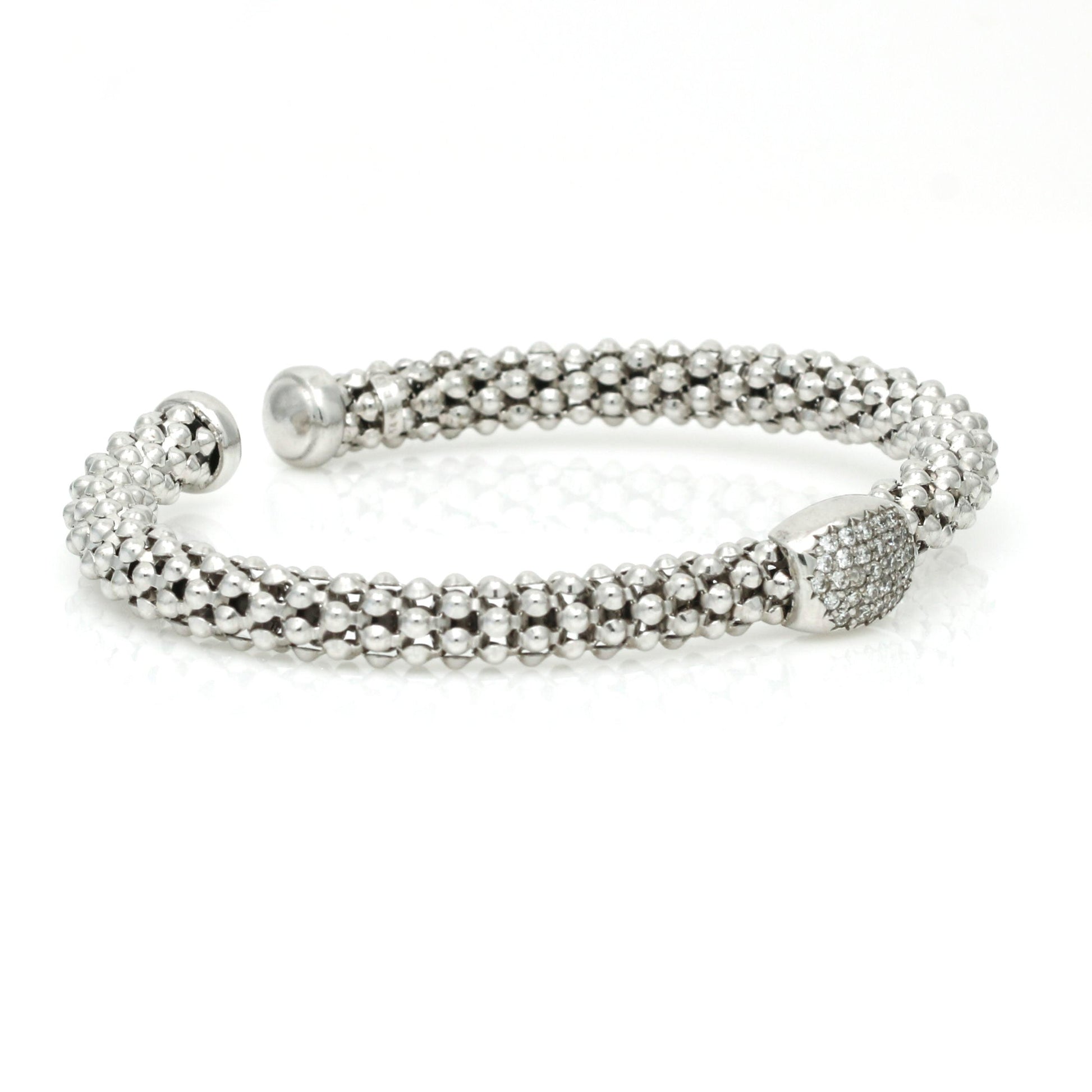 Women's Pave Diamond Station Beaded Textured Cuff Bracelet 14k White Gold - 31 Jewels Inc.