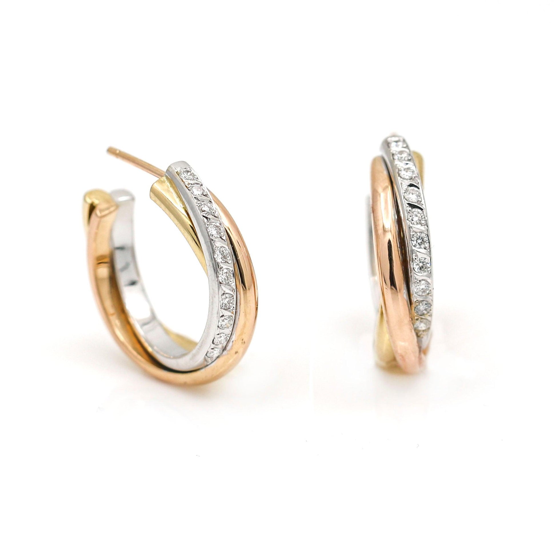 Women's Tri-Color Diamond Hoop Earrings in 18k Rose, White and Yellow Gold - 31 Jewels Inc.