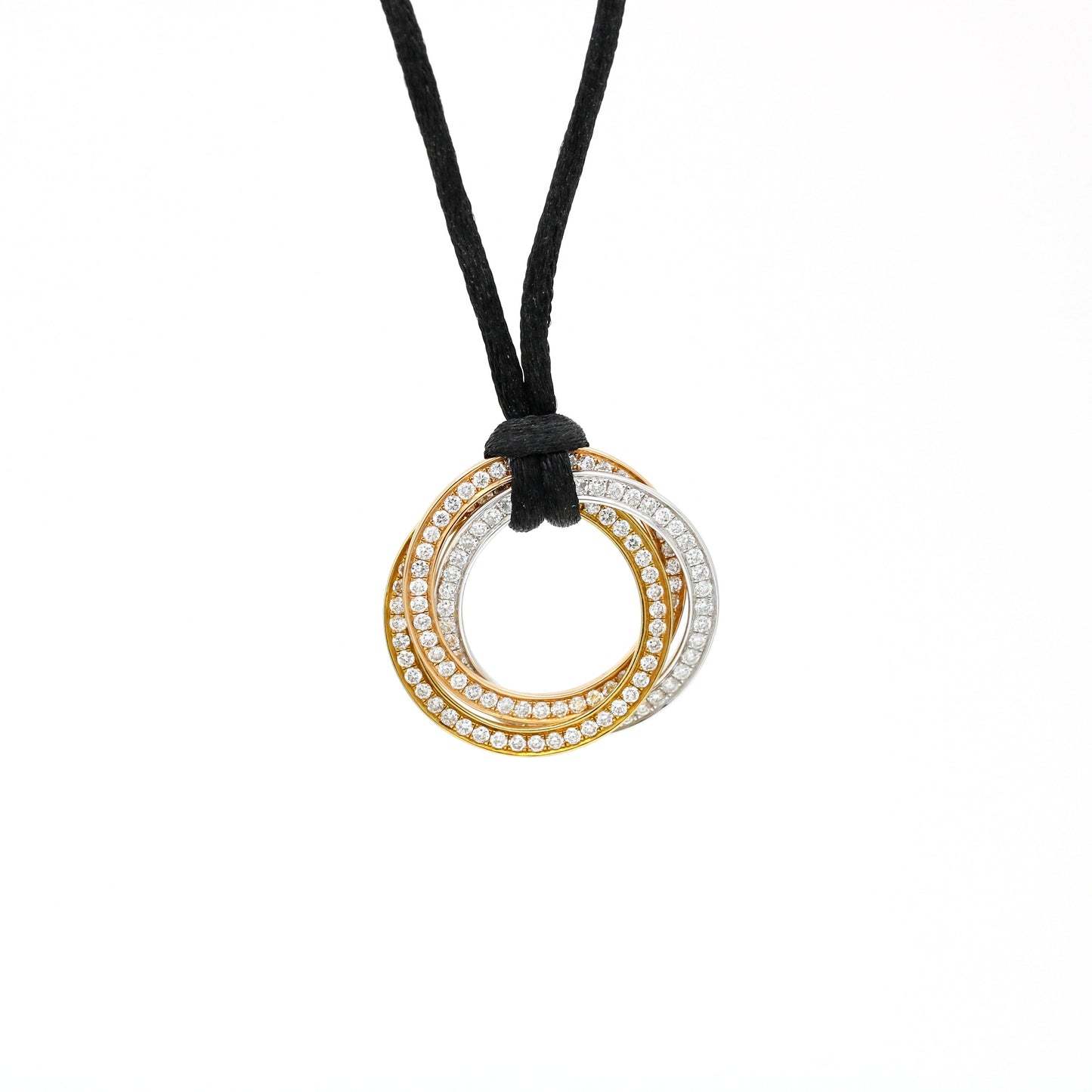 Women's Trinity Diamond Pendant Necklace in 18k Tri-Color Gold Black Silk Cord - 31 Jewels Inc.